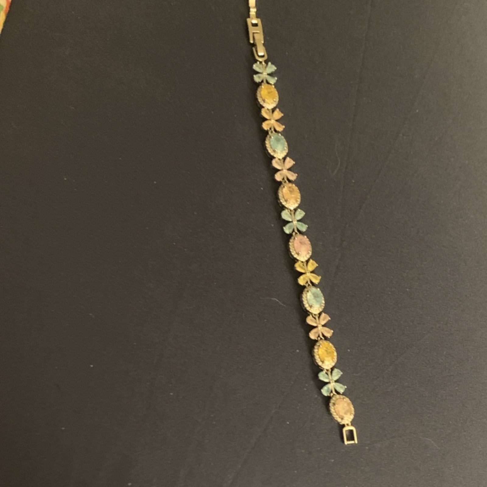Multicolor Beaded Charm Bracelet Floral Oval Stones Bezel Dangle Push Lock
