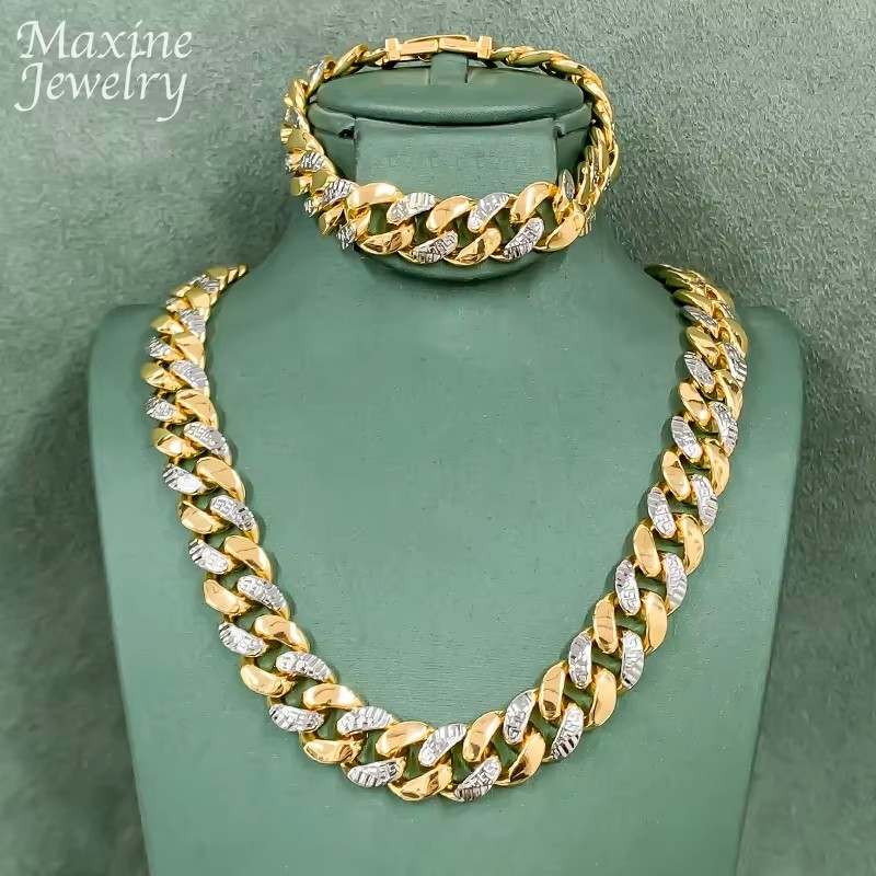Hip Hop Cuban Chain Necklace Bracelet Jewelry Set Bling 18K Gold Plated