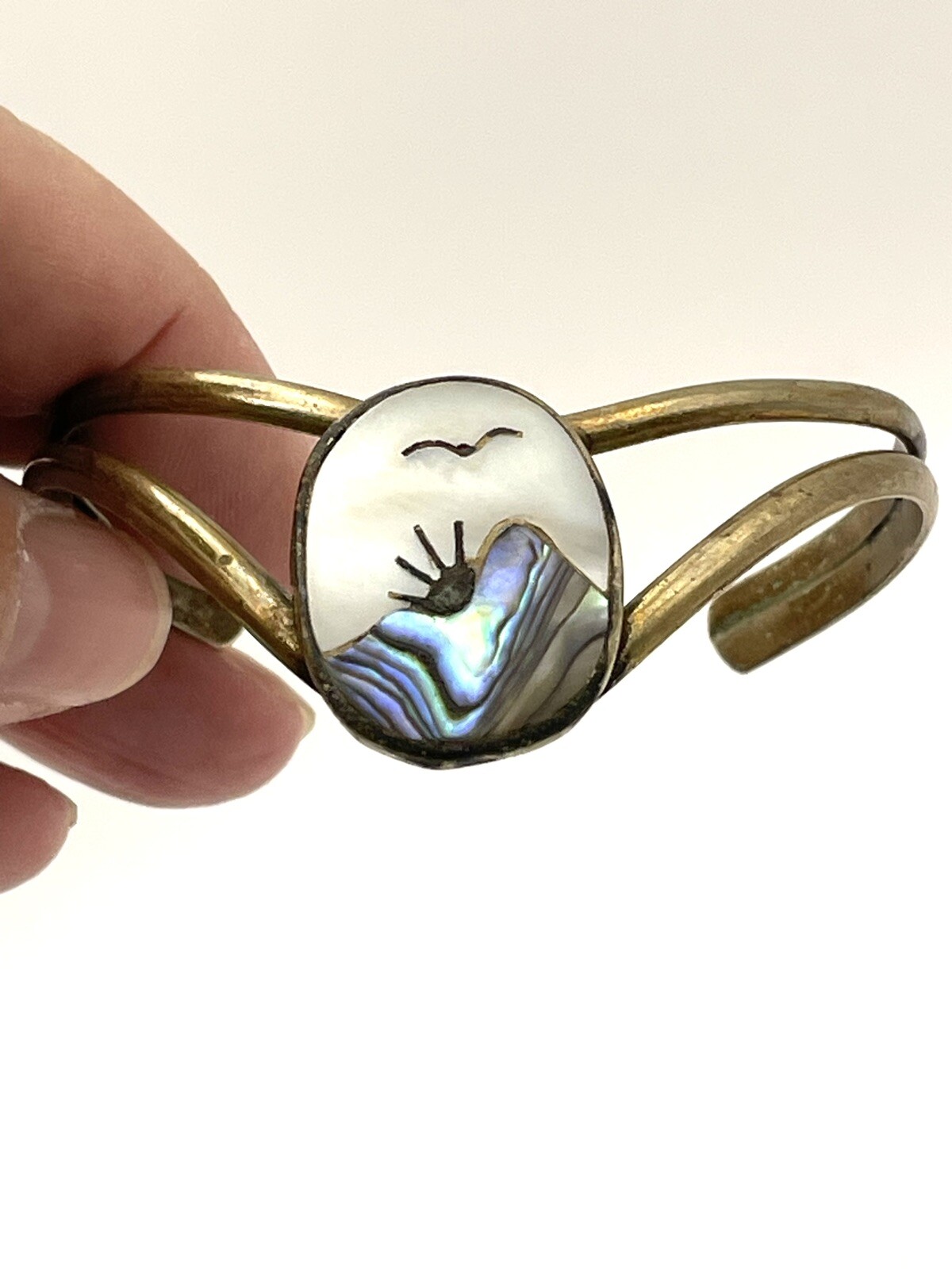 Rustic Artisan Made MOP Abalone Solid Brass Cuff Bracelet Size 6-6.50 Inches