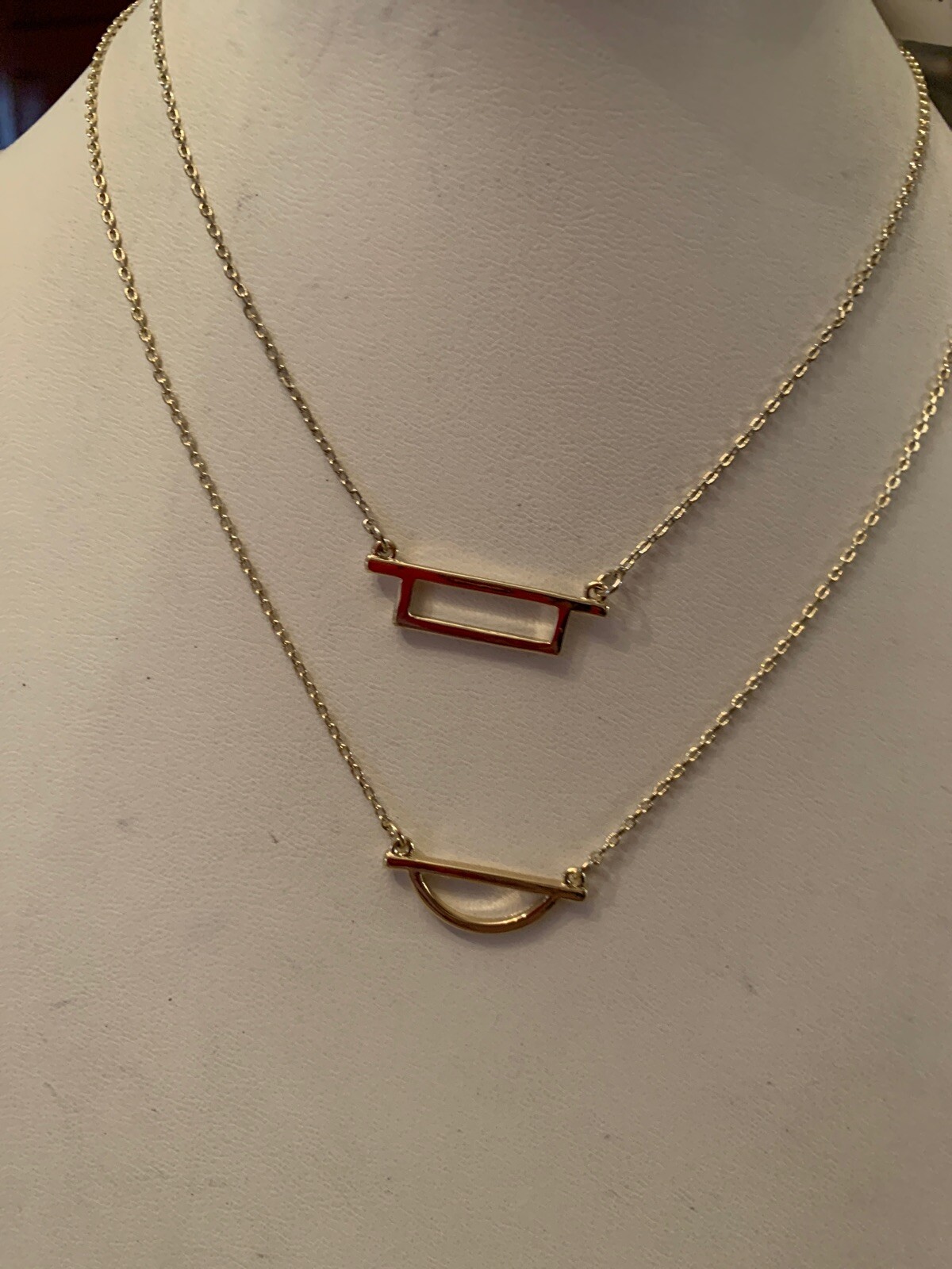 NWT French Connection GoldTone Multi-Layer Geometric Bar Half Moon Necklace T105