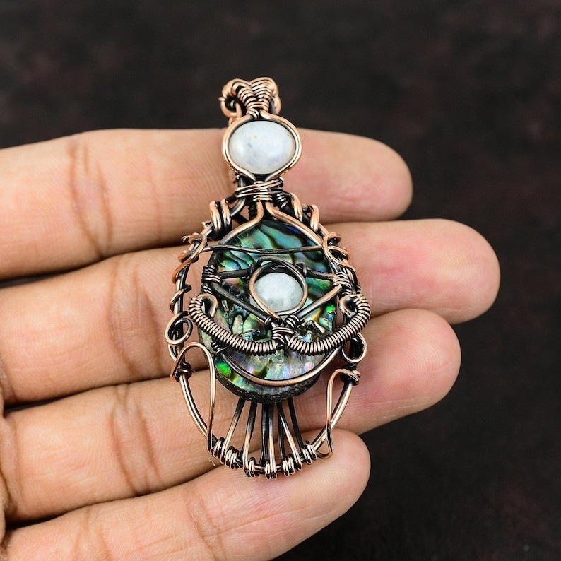 Handmade Evil Eye Copper Wire Wrapped Pendant, Abalone Shell & Moonstone