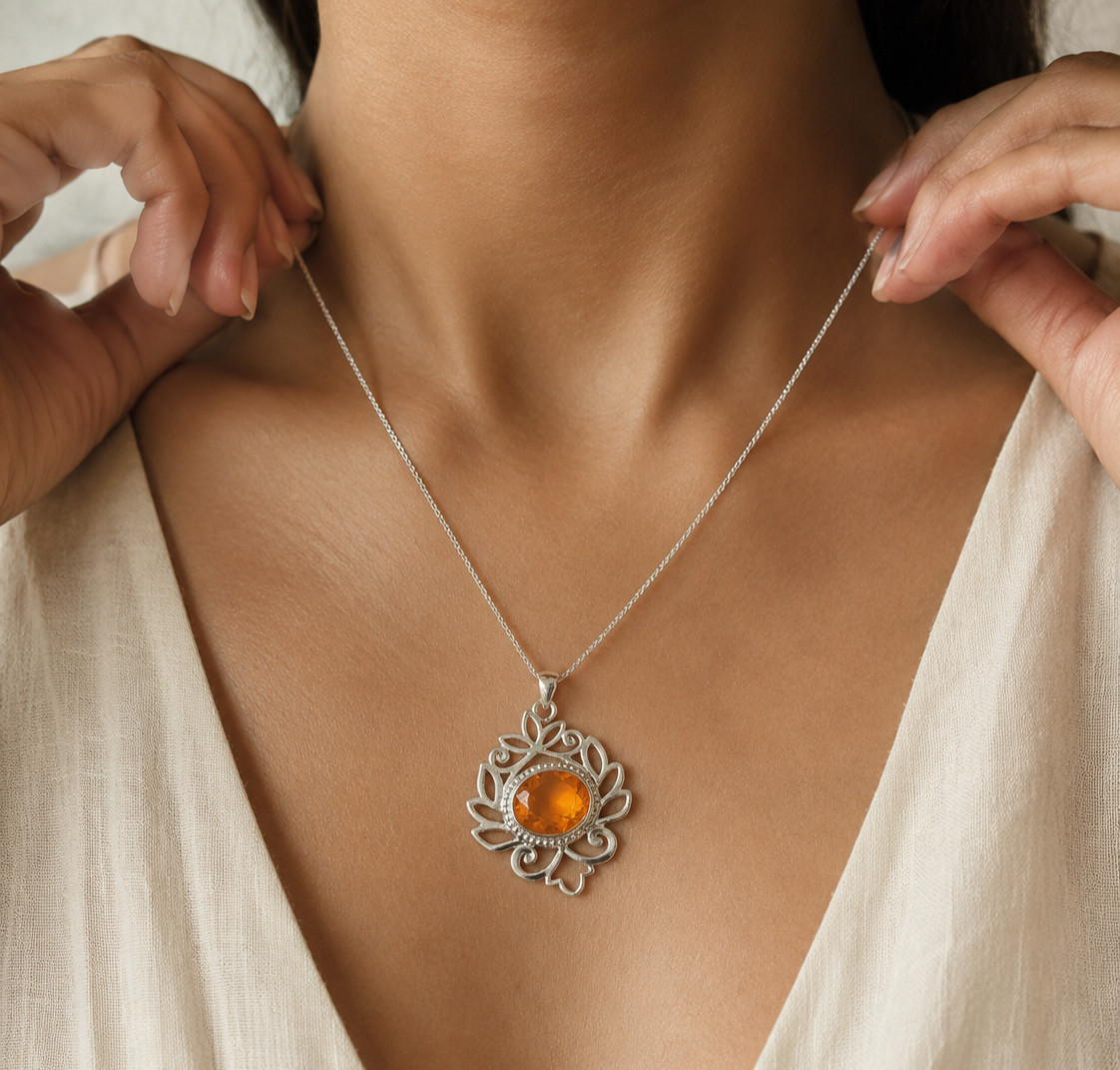 Natural Citrine Gemstone 925 Silver Jewelry Boho Pendant 1.48″ For Girlfriend