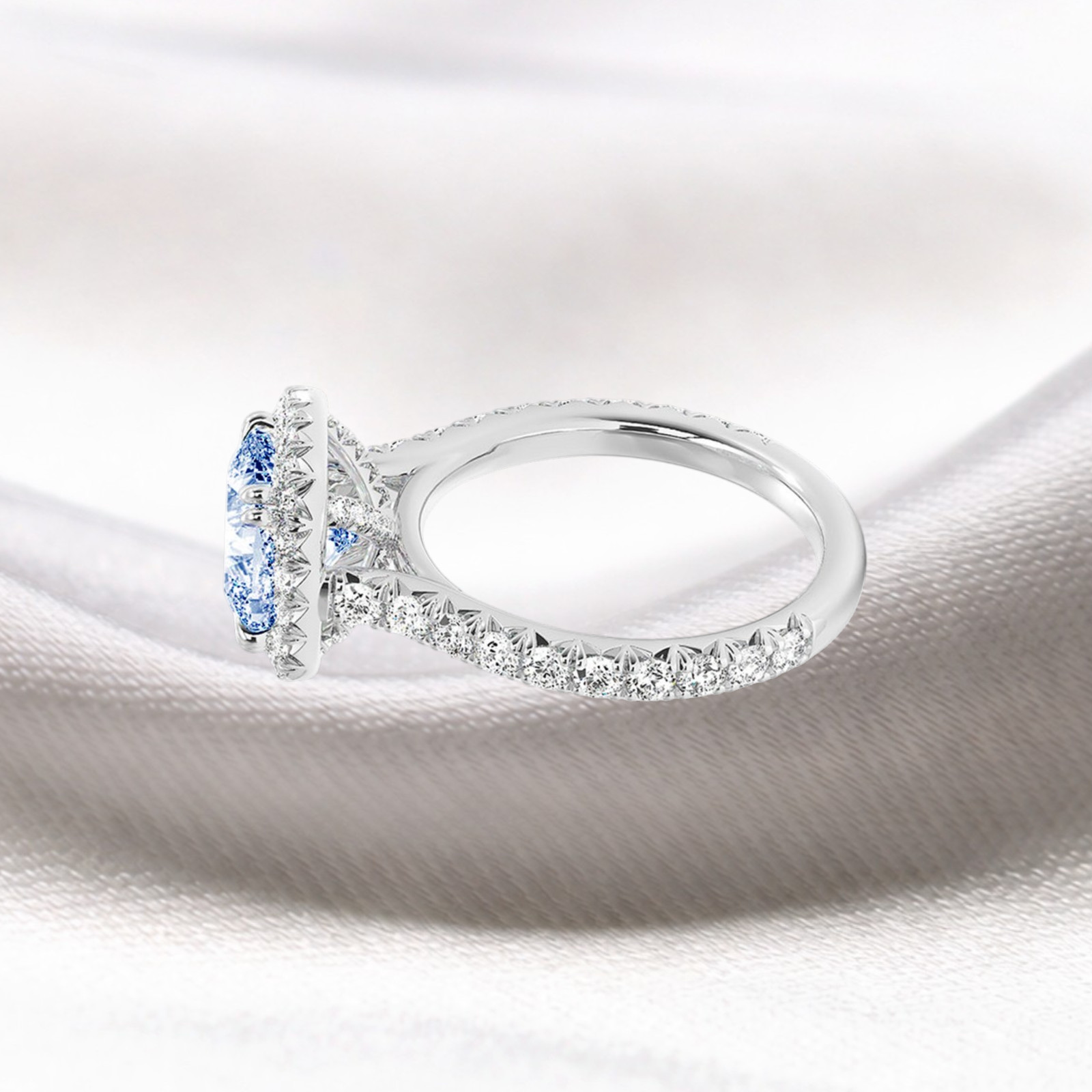 Cushion 2.75 CT Fancy Intense Blue Lab Grown Diamond Women Ring 14K White Gold