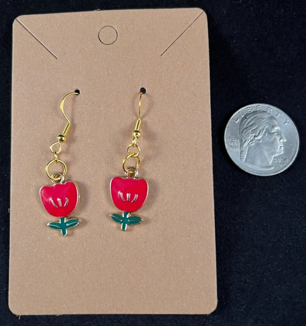 Red Three Petal Flower Earrings – Dangle – Gold Hook – Handmade – Valentine – F