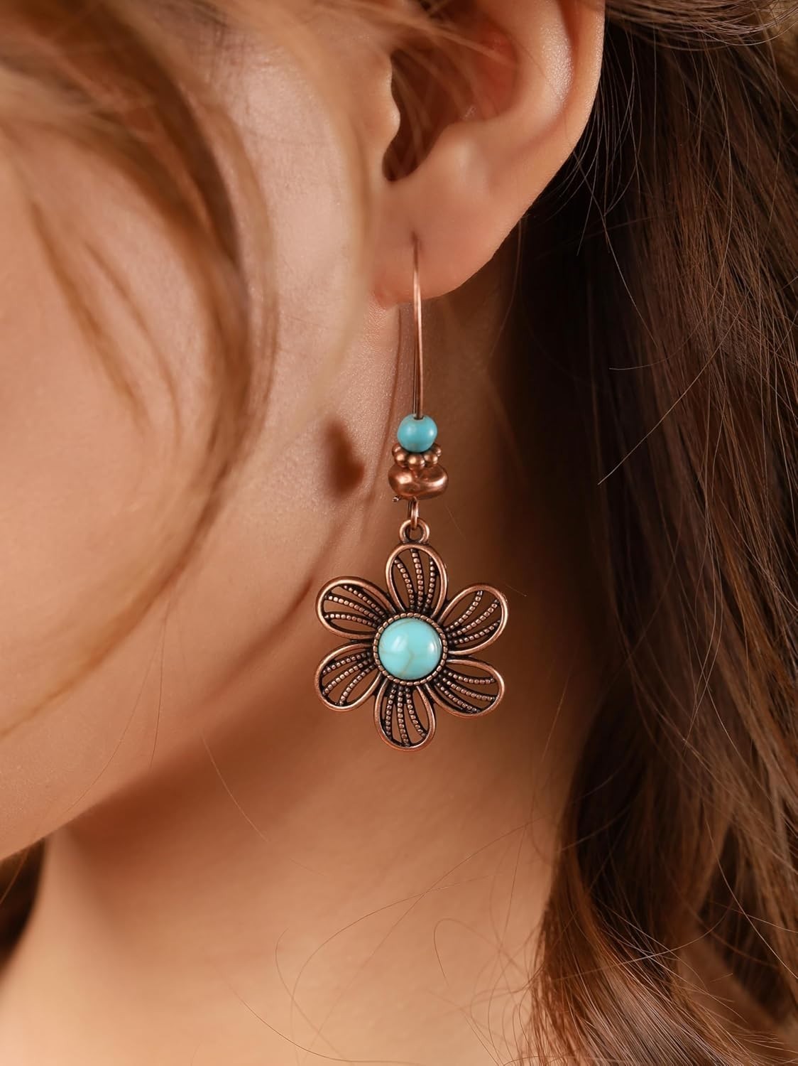 Rustic Turquoise Floral Dangle Earrings in Antique Copper – Stylish Jewelry Gift