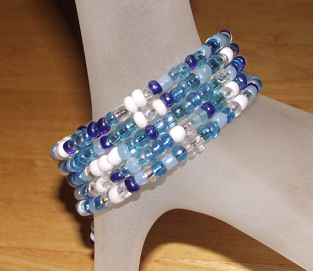 Mix of Blues White & Crystal Beaded Wrap / Coil Bracelet USA Made – Glass Beads
