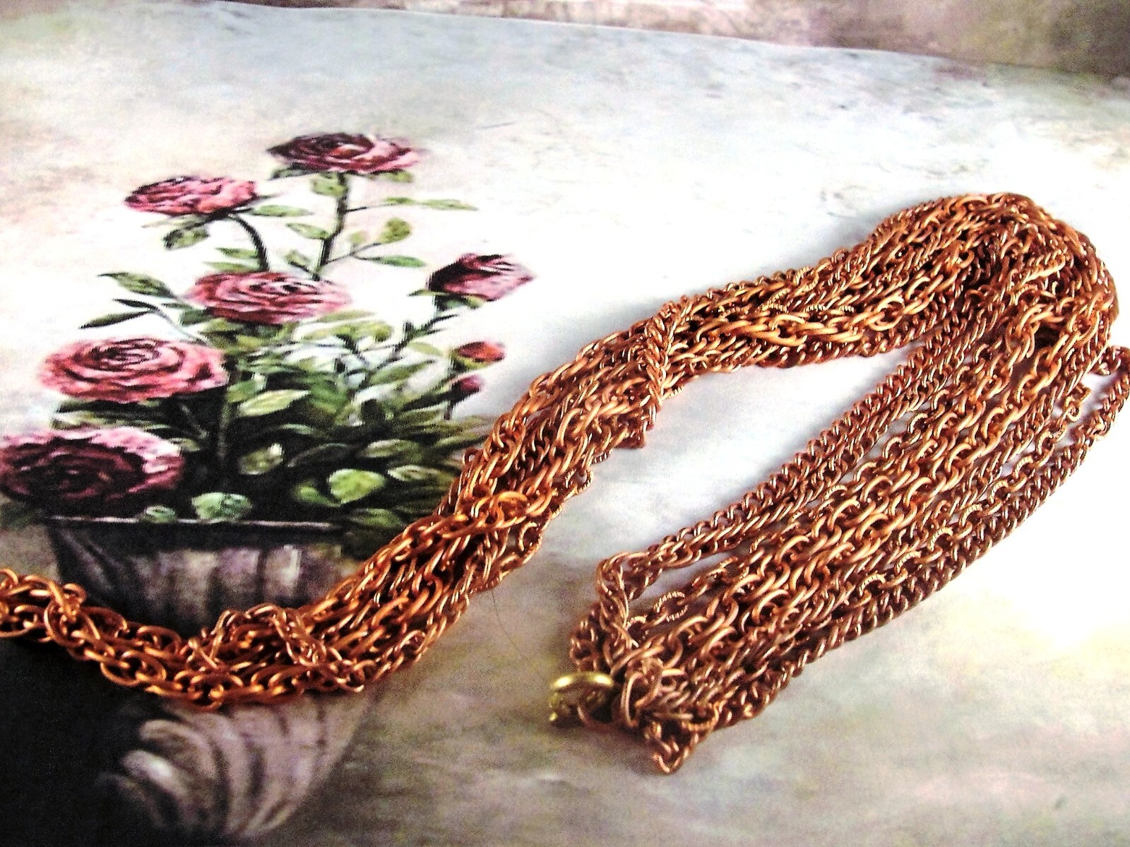 Aged Copper Coated Steel Curb, Cable and Rope Graduated 4 Chain Necklace w/Clasp