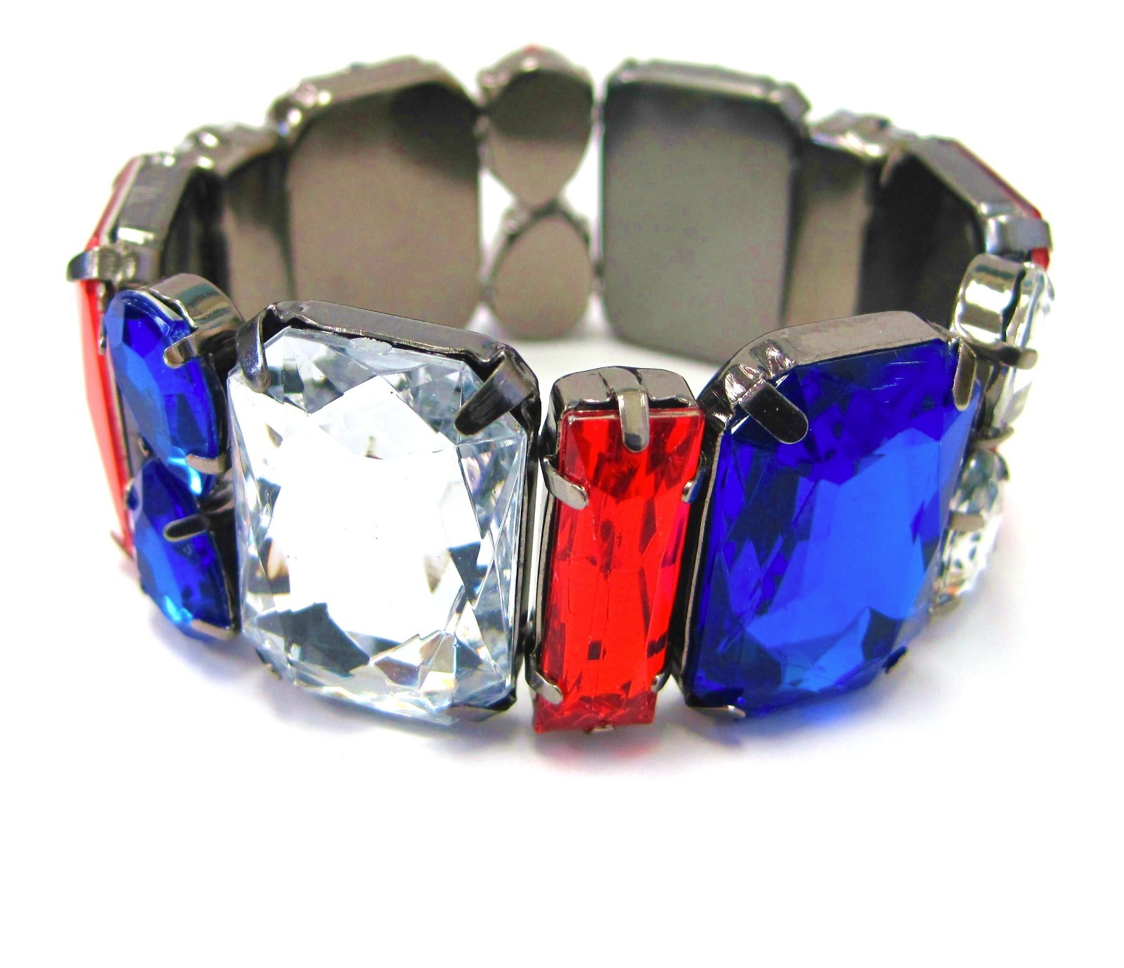 Red White Blue Bracelet Patriotic Acrylic Bling Beaded Stretch Bracelet