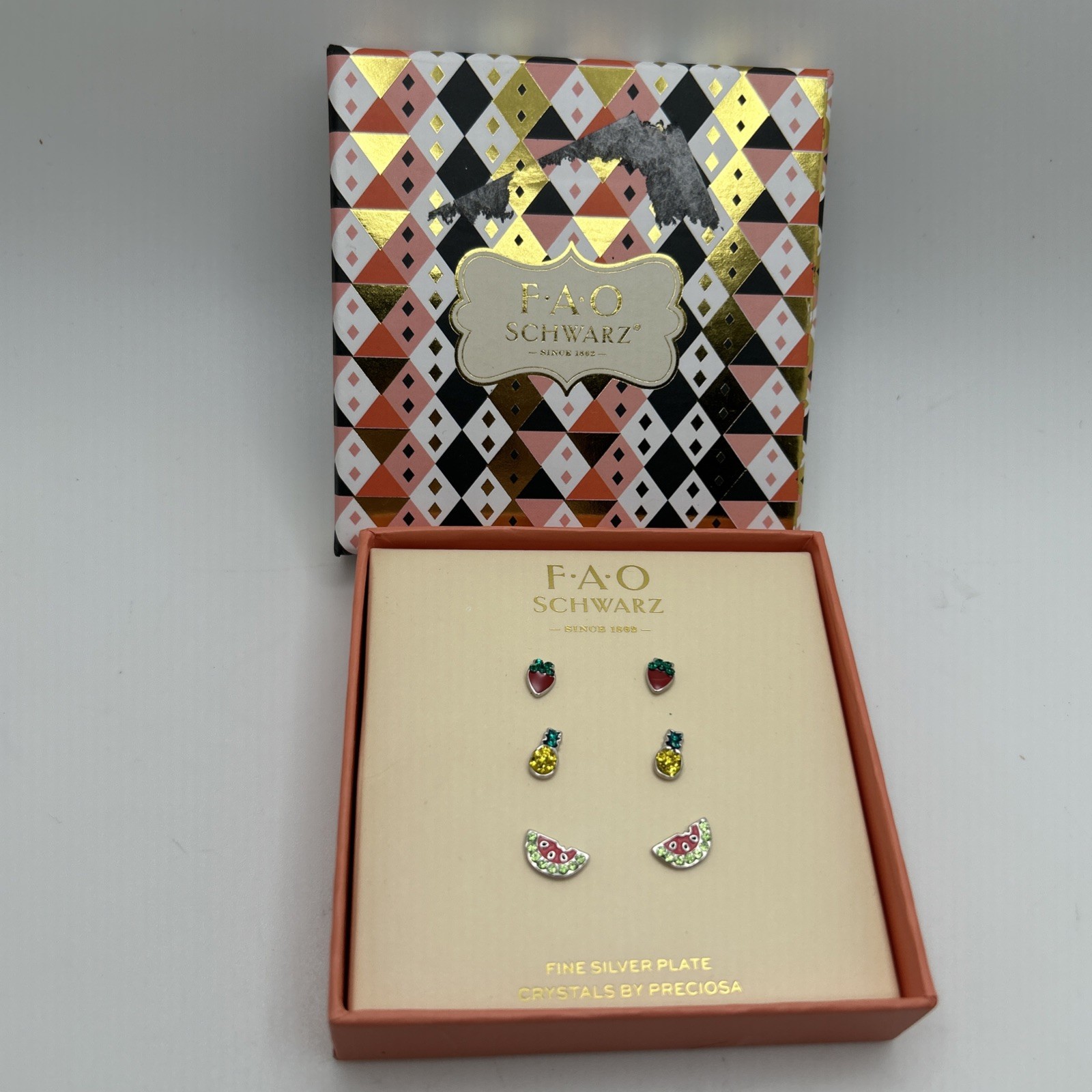 FAO Schwarz Fruit Stud Earrings Gift Set Jewelry Crystals Delicate Strawberry