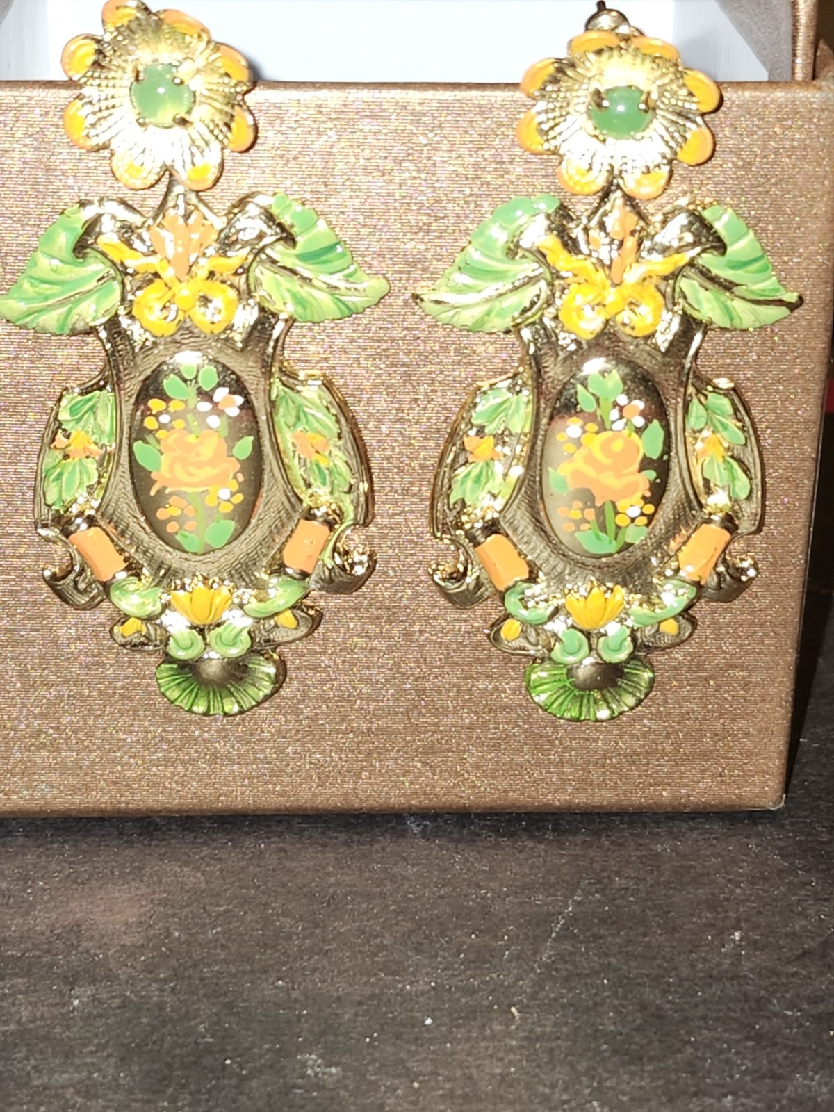 Vintage Zoe Coste Made In France Gold Tone Floral Motif Dangle Earrings