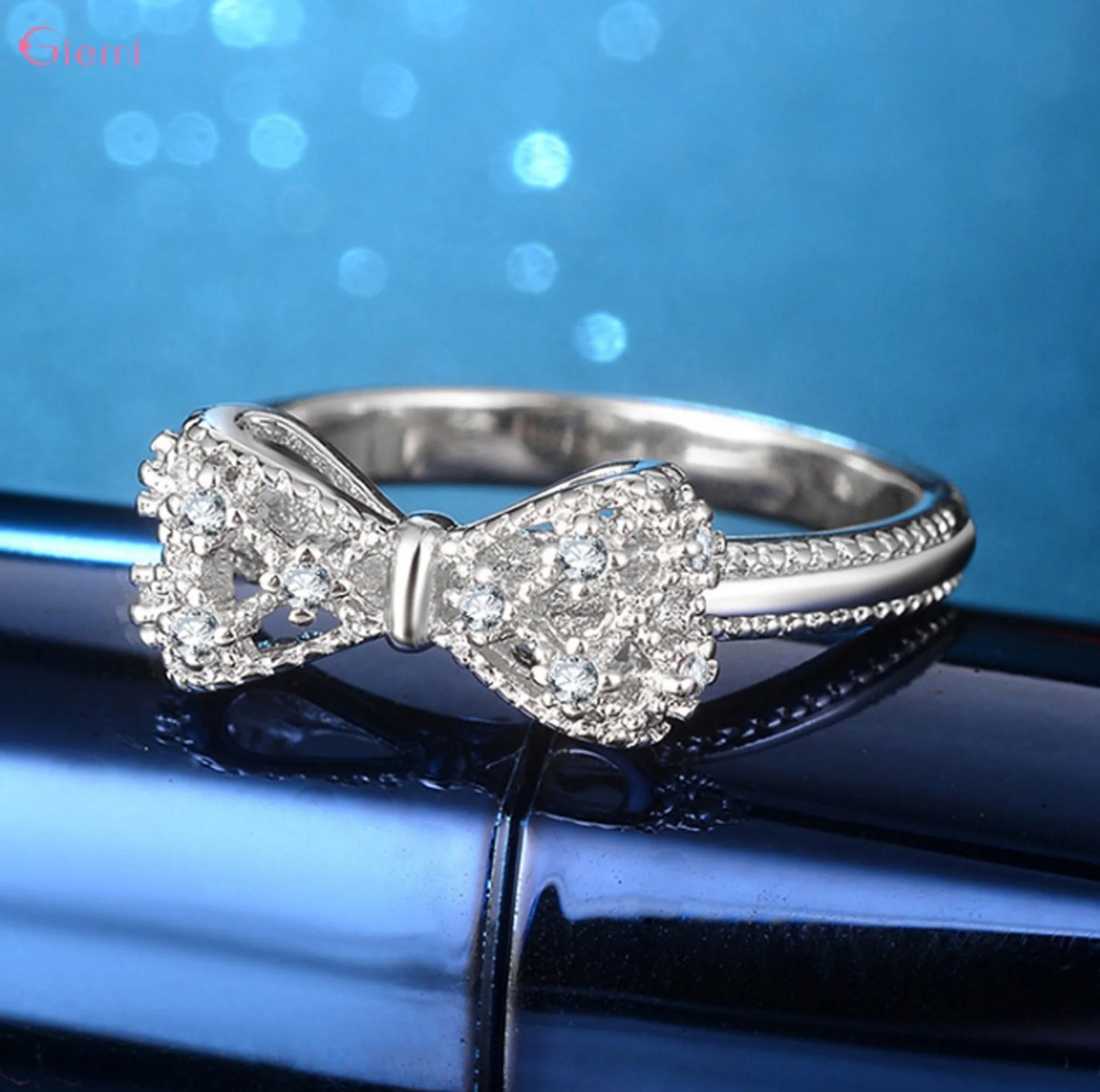 Fashion Bow-knot Women Silver Filled Ring Wedding Ring Sz 6-10 ZIRCON