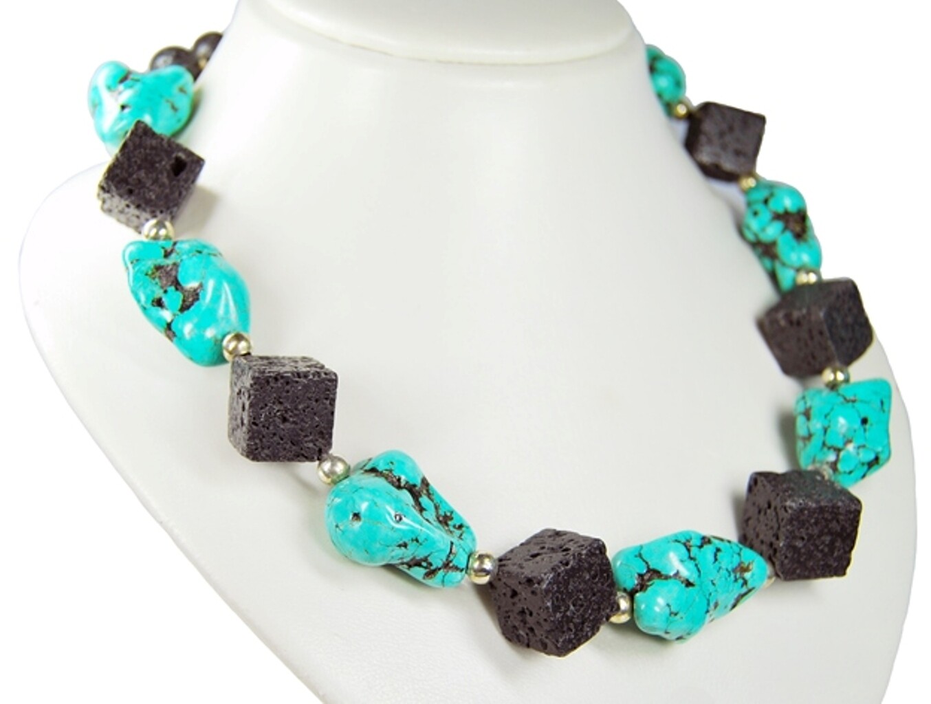 Beautiful turquoise (howlite) and lava cube shaped necklace and nuggets