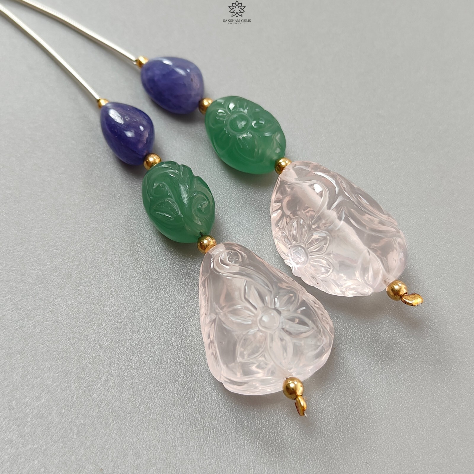 97.70cts Green Quartz & Blue Tanzanite Carved Fancy Beads 12*9mm – 24*16mm 2.30″