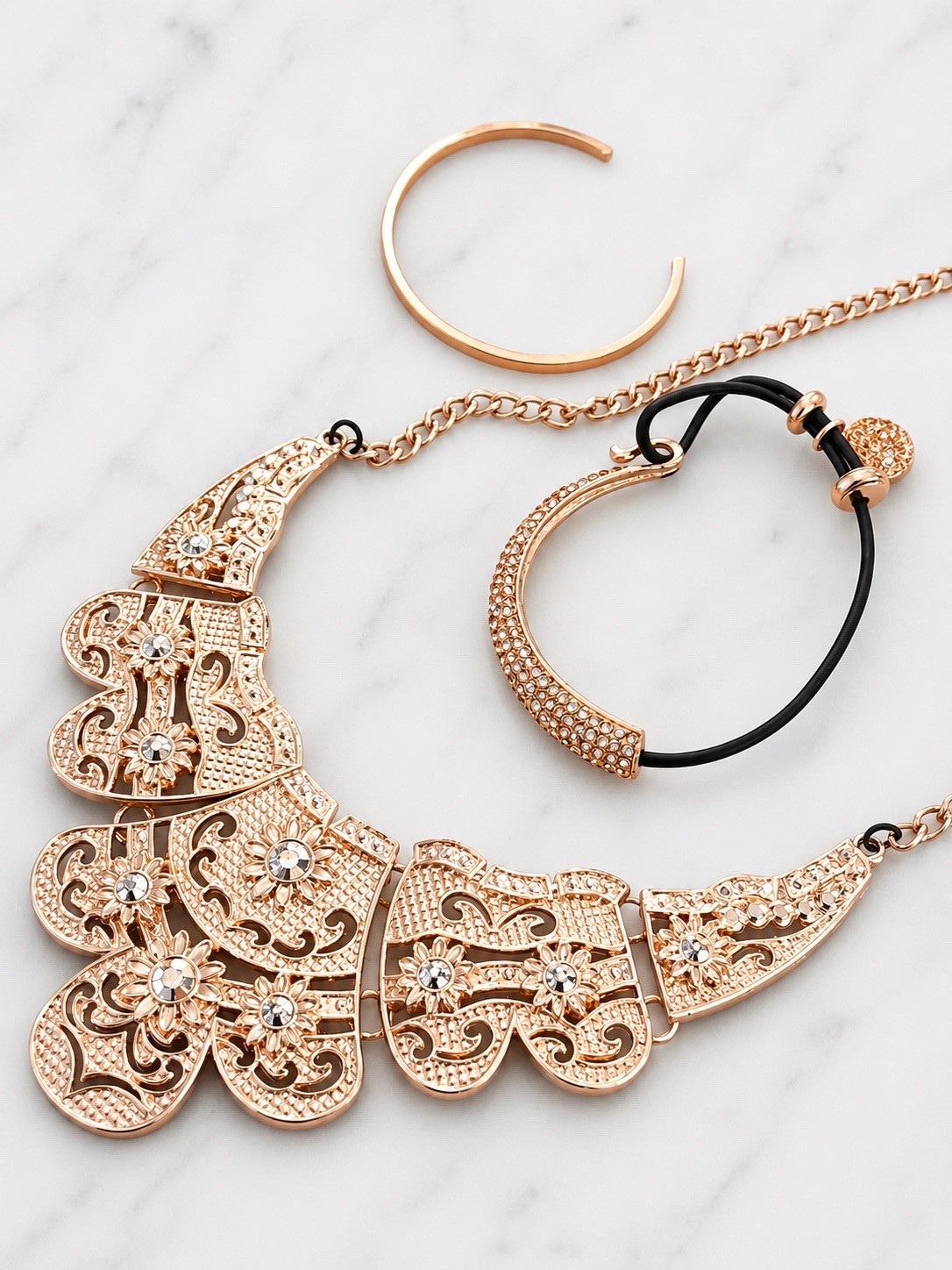 Rose Gold Plated Crystal Necklace & Bracelet Set, Engraved Adjustable, Black