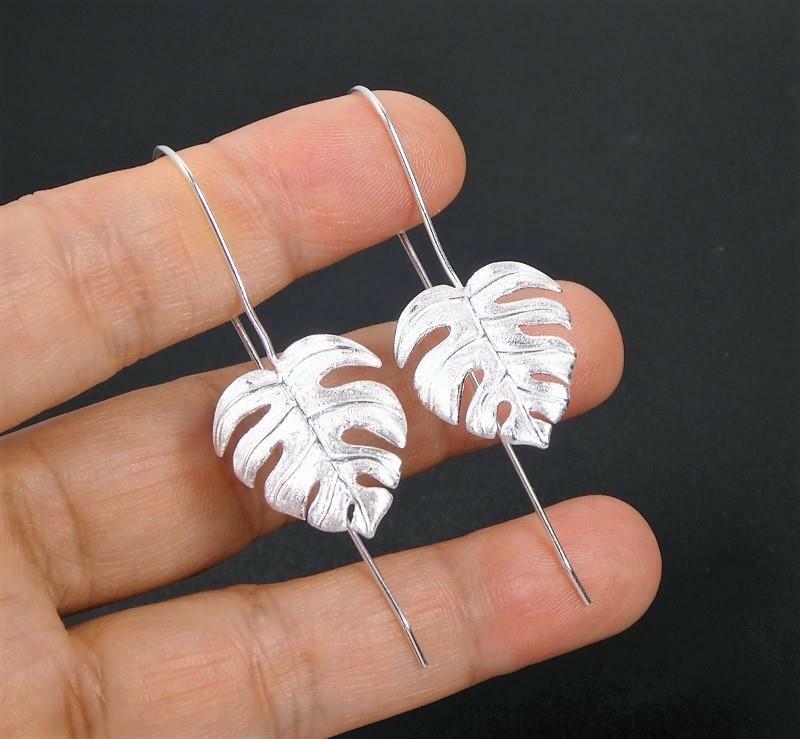 925 Sterling Silver Monstera Plant Leaf Long Drop Earrings Handmade Unique Chic