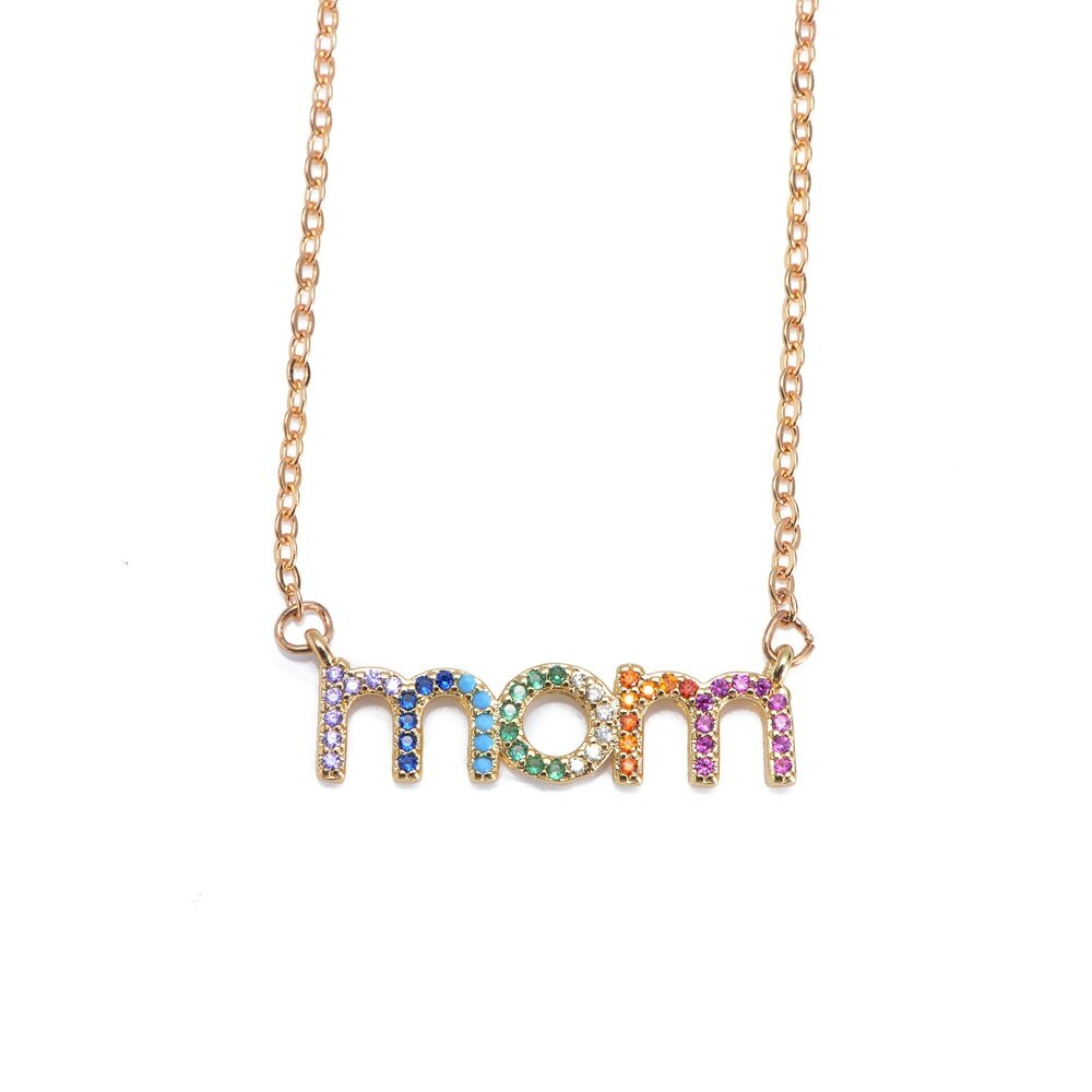 ZARD 12K Gold Plated MOM Pendant Necklace in Multi-Color Cubic Zirconia Pave
