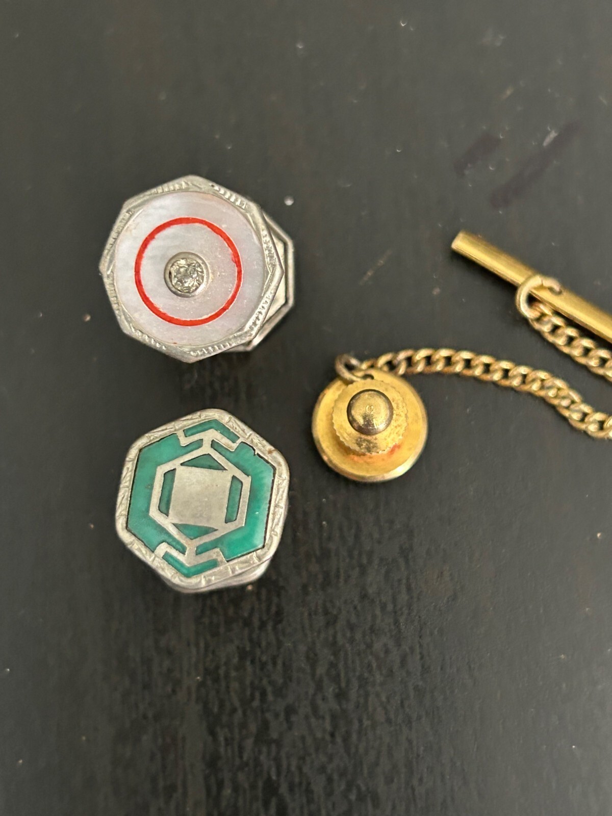 Vintage Art Deco Cufflinks & Tie Bar Set With Chain Vintage Men’s Fashion