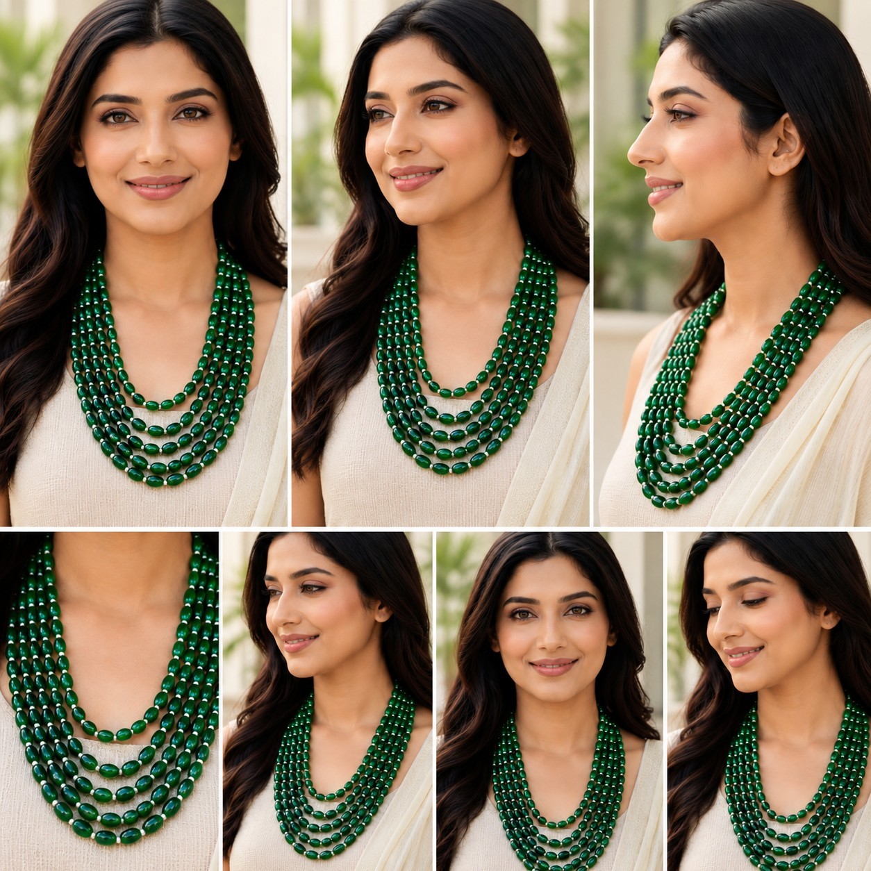 Green Oval Bead Multi Strand Mala Necklace Bollywood Pakistani Wedding Jewelry