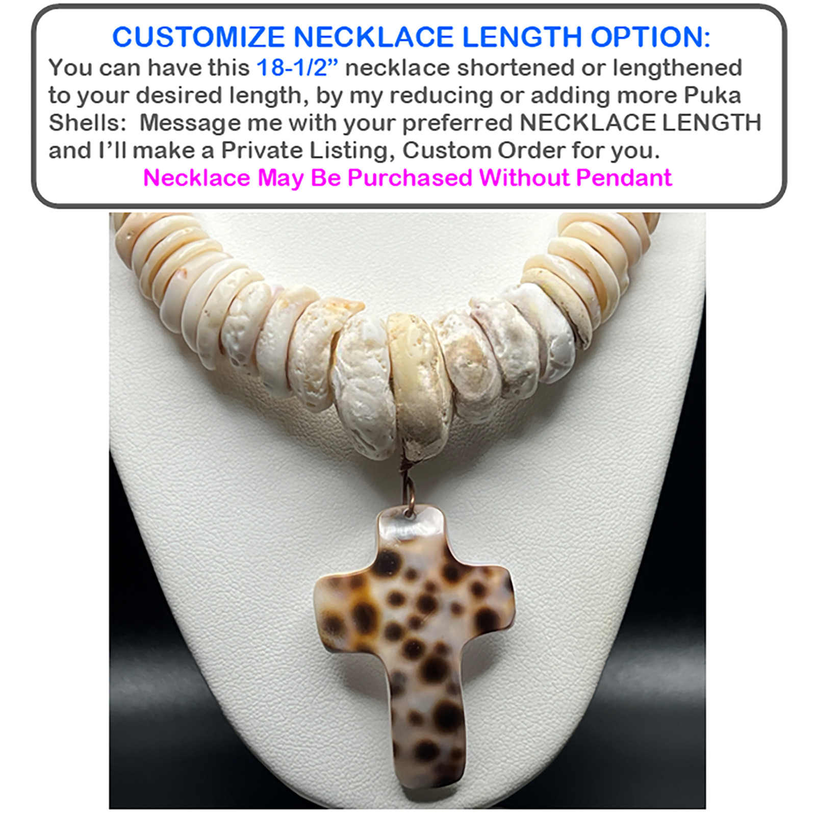Puka Shell Necklace Vintage 70s w/Hand-Shaped Tiger Cowrie Shell Cross Pendant
