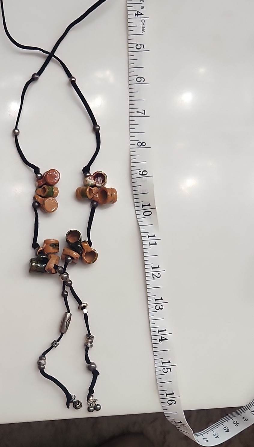 Black cord pendant necklace w/ brown & green ceramic mugs silver-tone accents