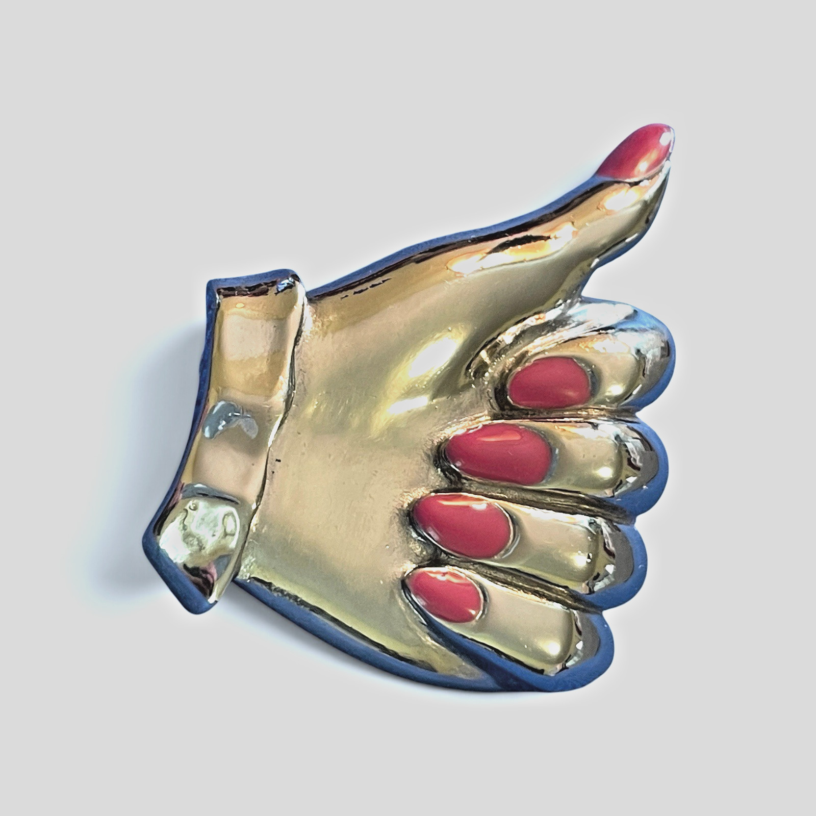 M JENT Hand Brooch Vintage Thumbs-Up Pink Painted Fingernails Silvertone Metal