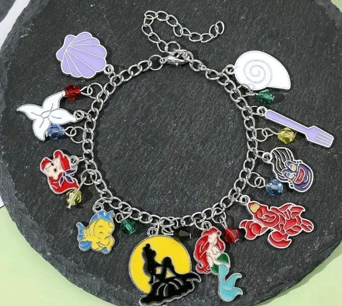 Little Mermaid Charm Bracelet And Necklace Set.Enamel Silvertone All Ages