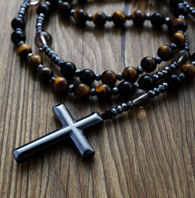 Black Tiger Eye Hematite Cross Necklace Hand Knotted Beads Lucky Pendant