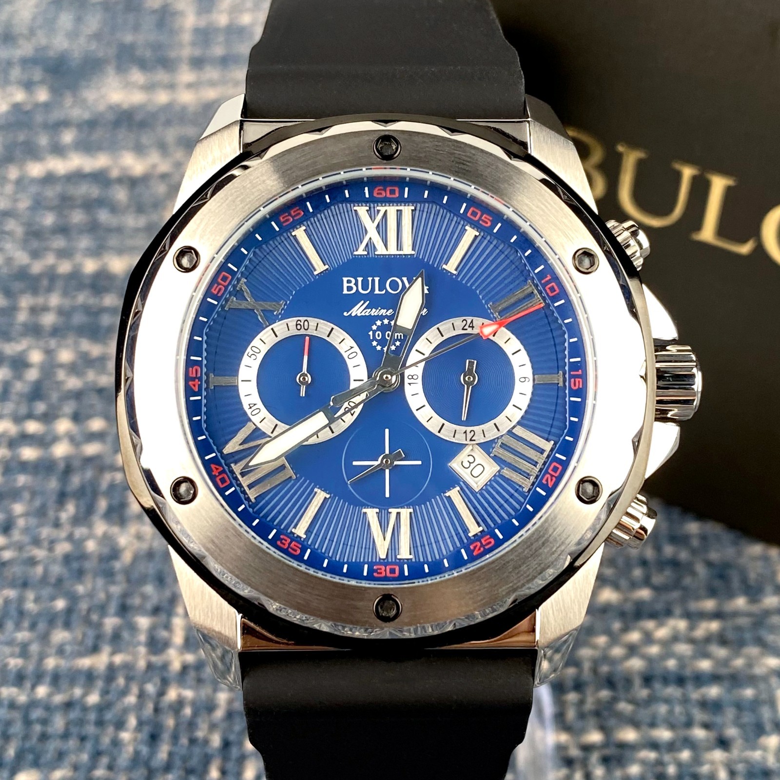 Bulova Marine Star 98B258 Blue Dial Black Rubber Strap Quartz Men’s Watch