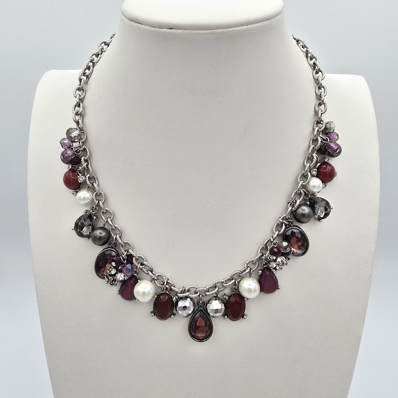 White House Black Market Red Rhinestone & Faux Pearl Necklace Purple Gray White