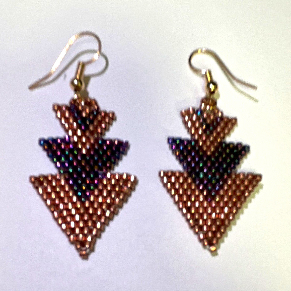 Triangle Dangle Hook Earrings, Gold & Purple Tone Beaded Drop, Bohemian