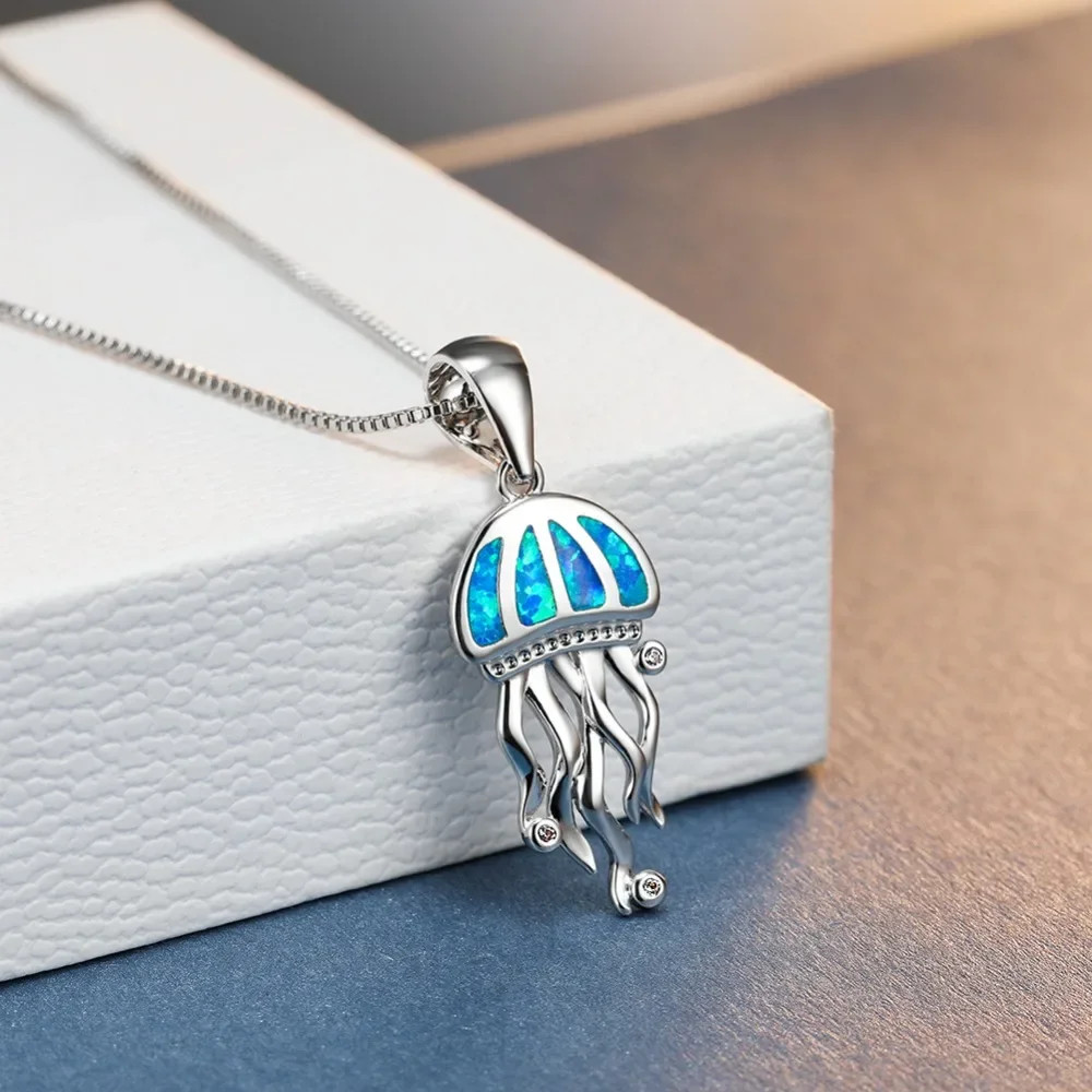 Women’s Fashion Blue Opal Jewelry Silver Jellyfish Pendant Necklace Chain