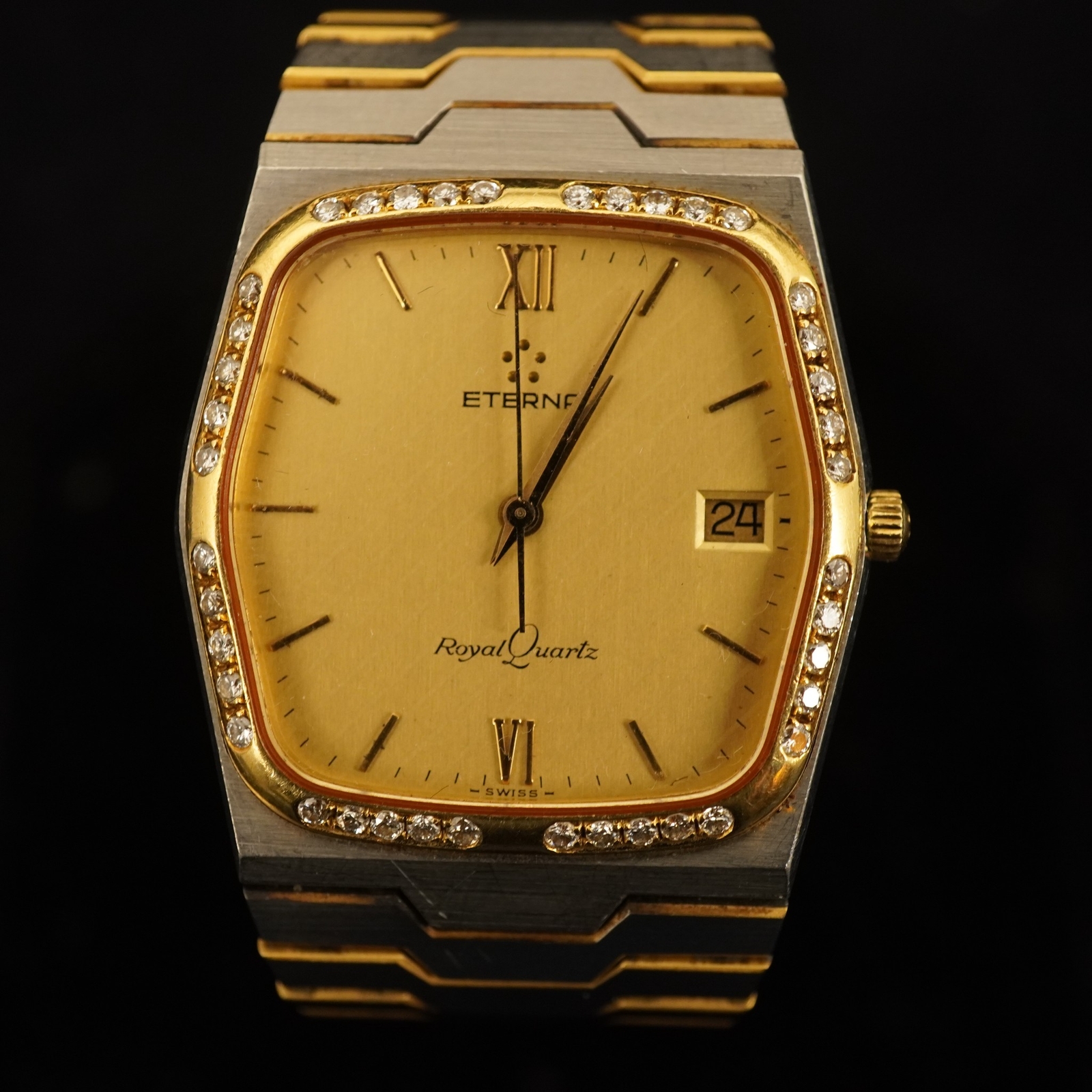 Vintage Eterna Royal Quartz Men’s Watch, Yellow Gold & Diamond Bezel, Keeps Time