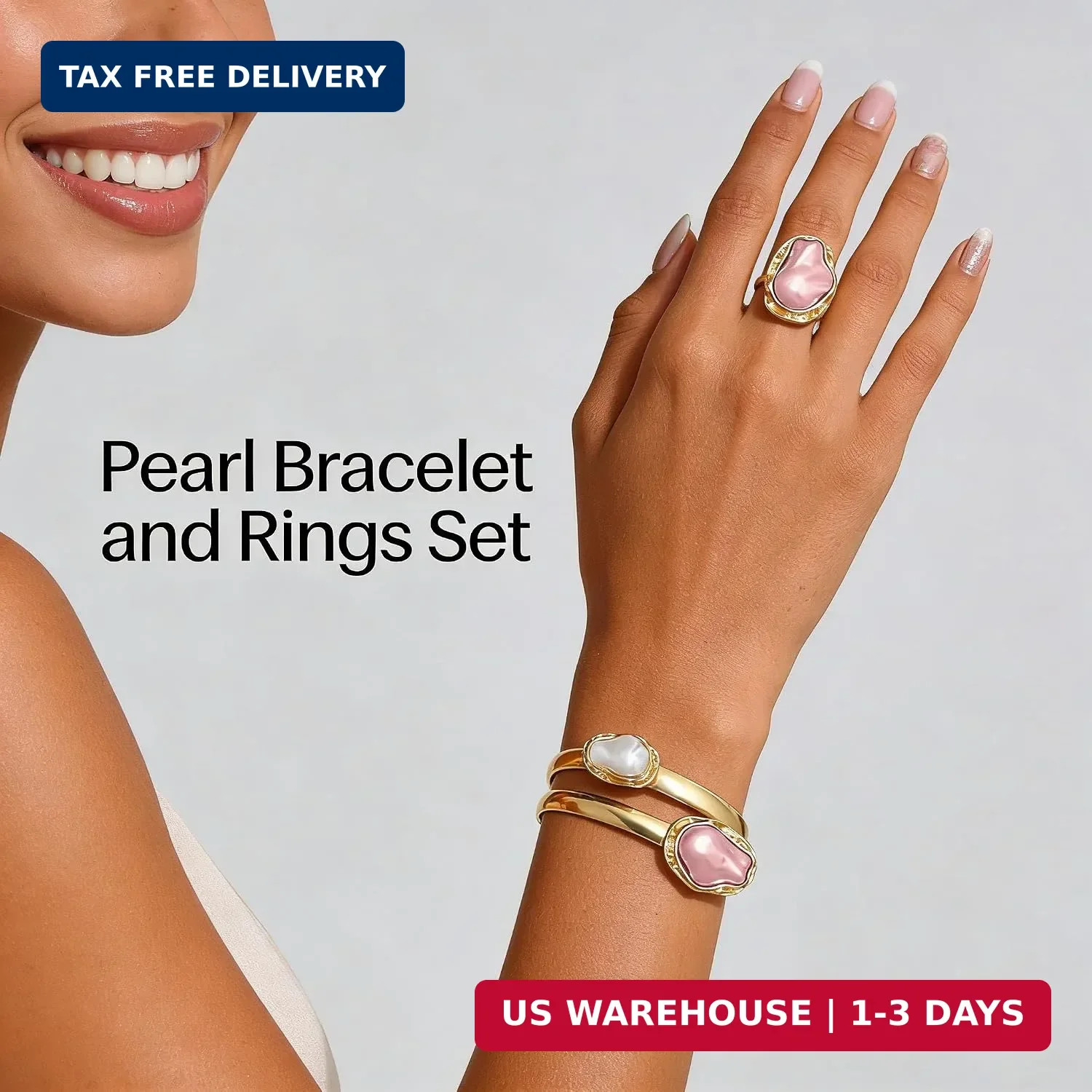 Pearl Jewelry Set for Women Vintage Irregular Pearl Bracelet Rings Set Chunky Cu