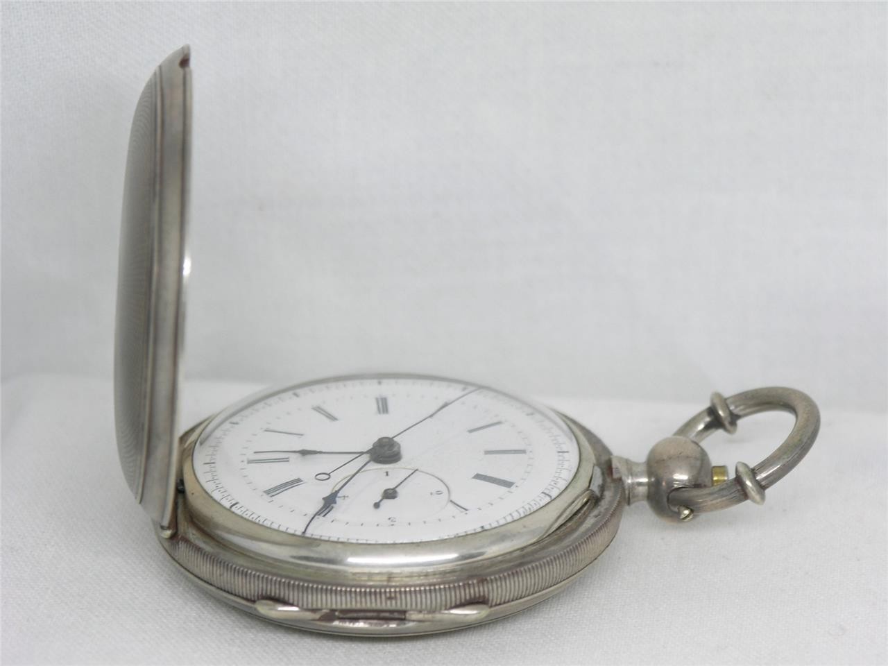 ANTIQUE 57MM HUGUENIN 1/4 JUMP SECONDS POCKETWATCH, ORIGINAL CASE, RUNNING!