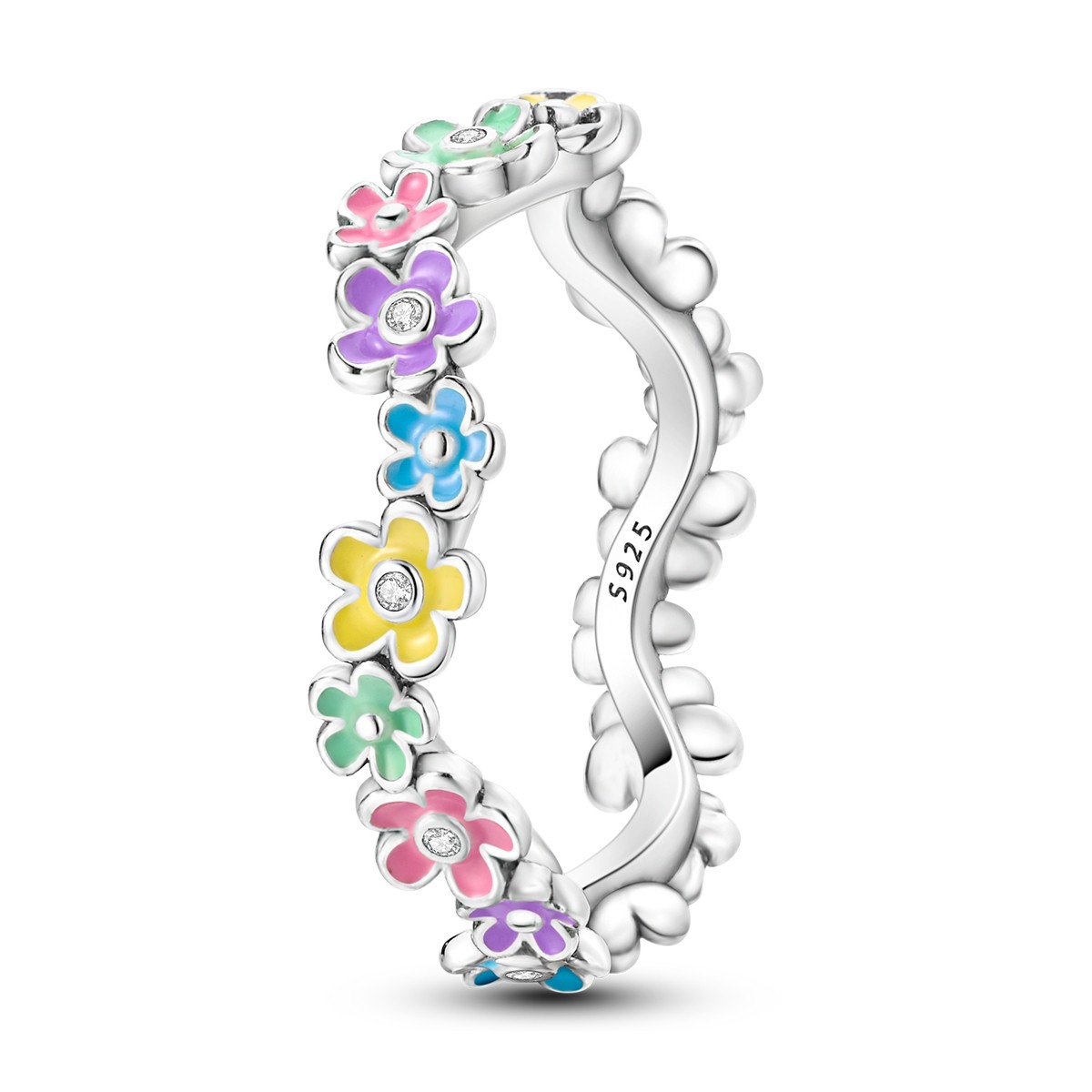 European 925 Sterling Silver Finger Ring CZ Colorful Flowers for Women Jewelry