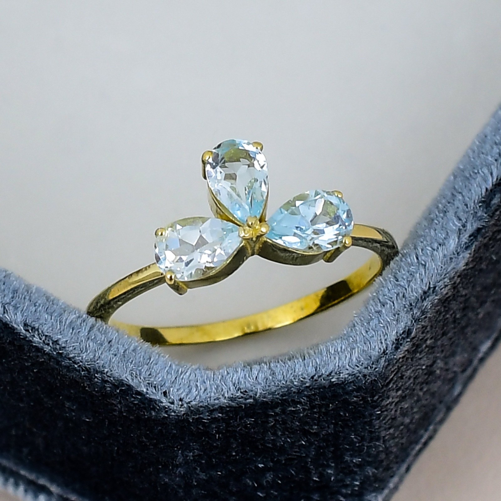 Blue Topaz Three Stone 18K Gold Plated Ring Pear Promise Gift for Her Jewelry