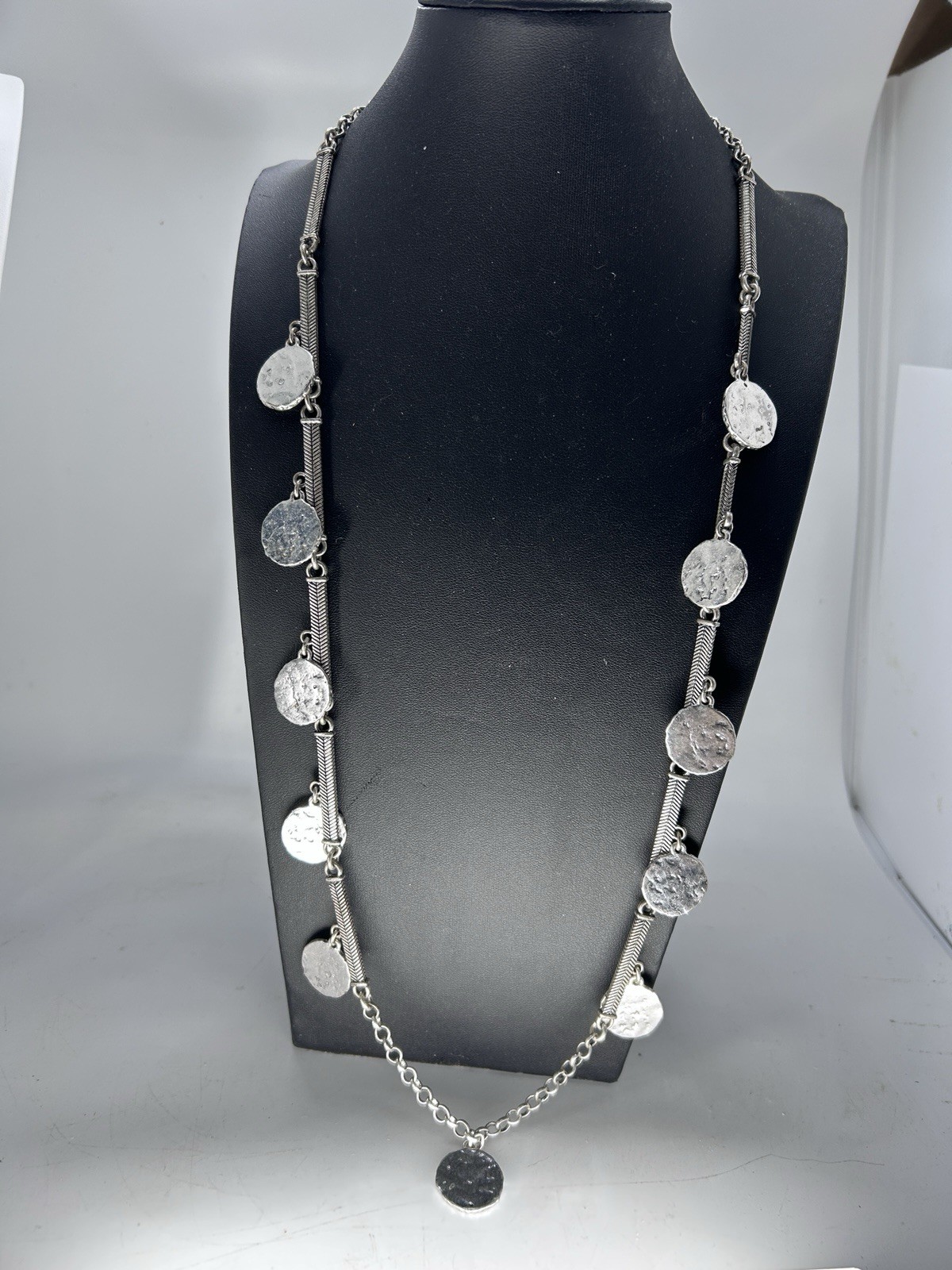 Long Boho Gypsy Style Silver Tone Coin Like Disk Necklace 17″ On 34″ Long