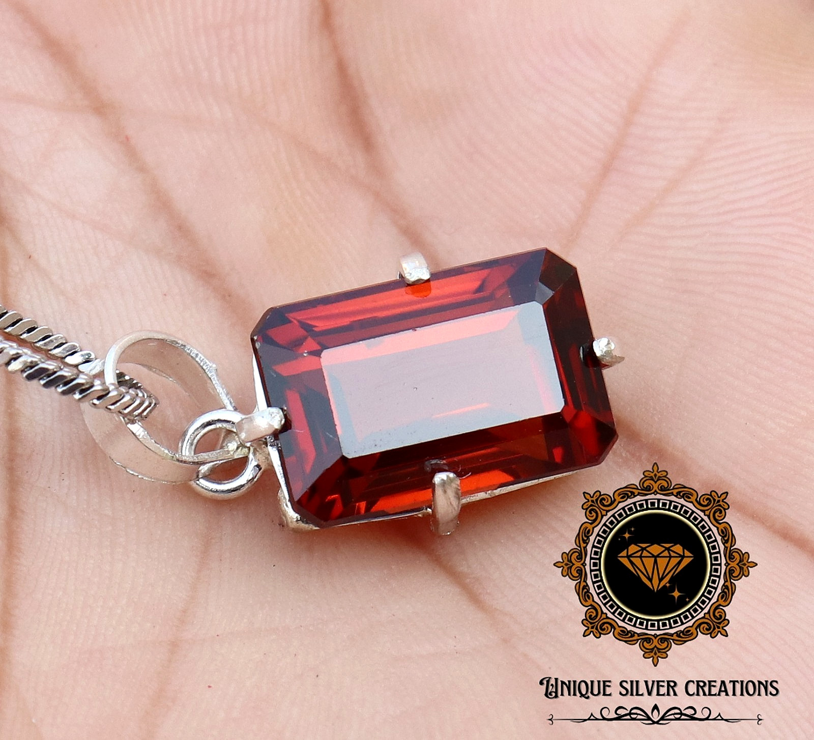 Natural Hessonite Garnet 925 Silver Pendant Certified Emerald Cut Loose Gemstone