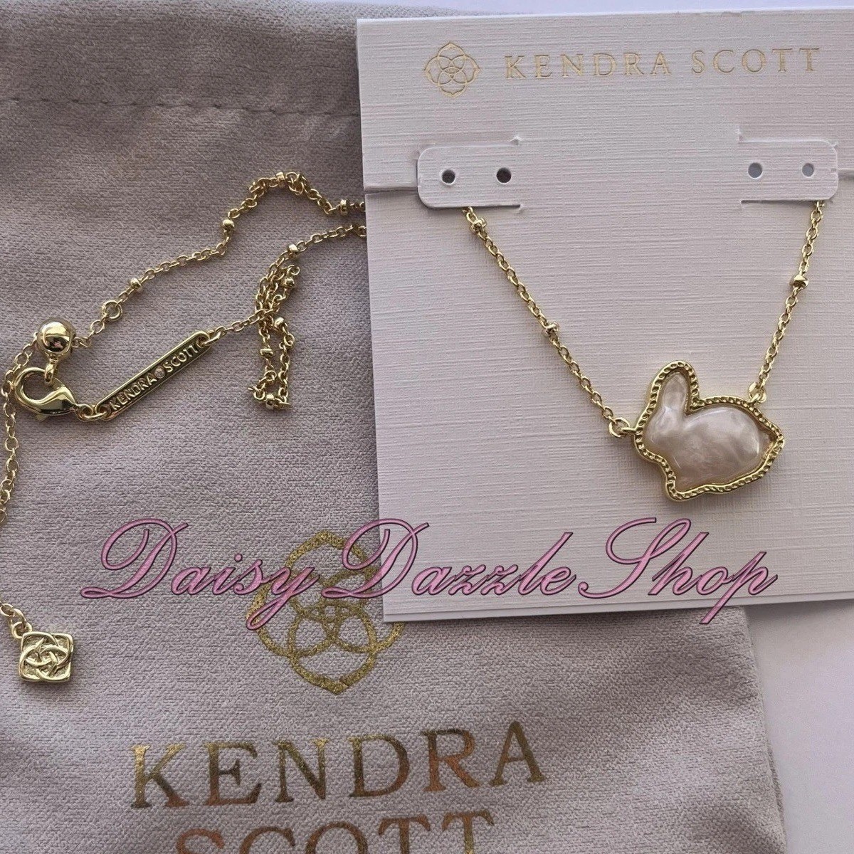 🐇🎀Kendra Scott Bunny Gold Short Pendant Necklace In Taupe Mother-of-Pearl New