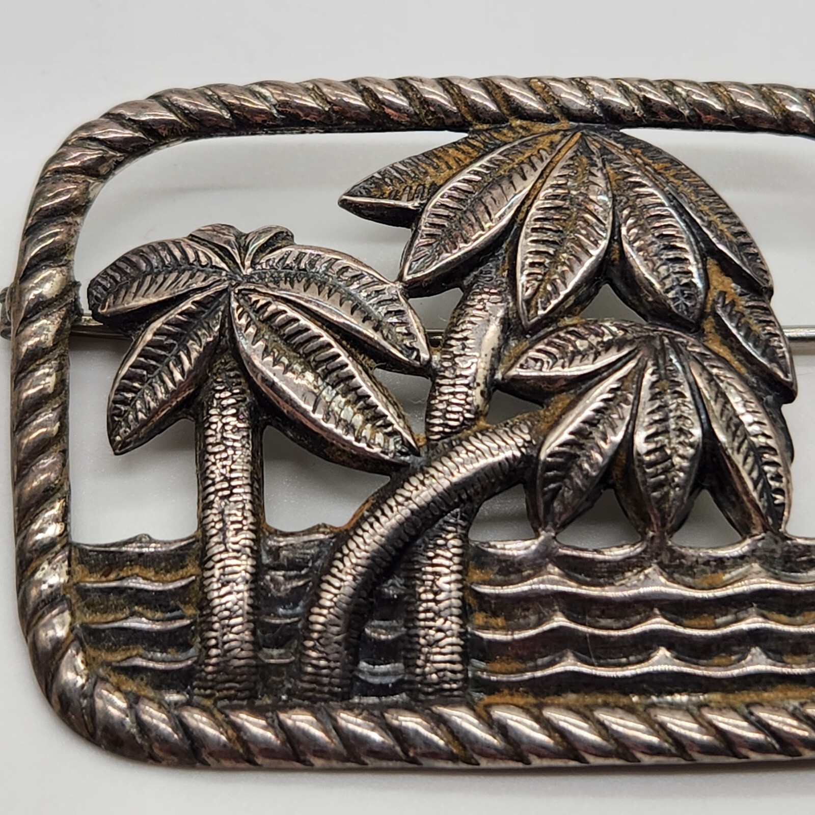 Danecraft 1940s Sterling Brooch – Three Palm Trees Seascape, Signed, 2″