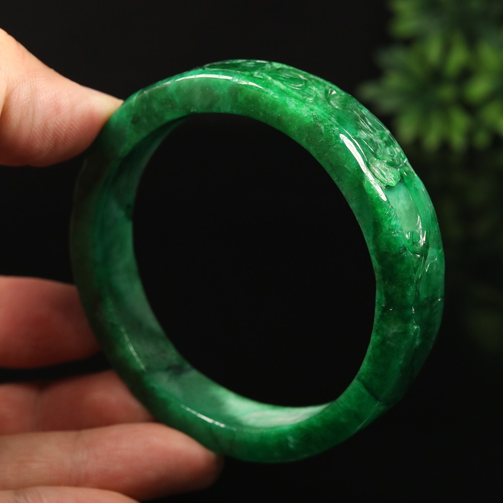 61mm Emerald Green Jadeite Jade Bangle Bracelet Coin Ruyi Flower Rabbit A-14885