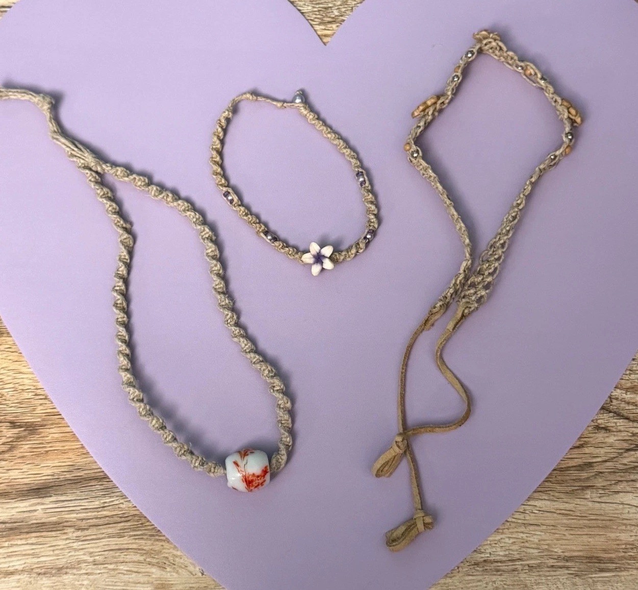 Hemp Jewelry Set Beige Macrame Floral Beaded Boho Necklace Bracelet Anklet