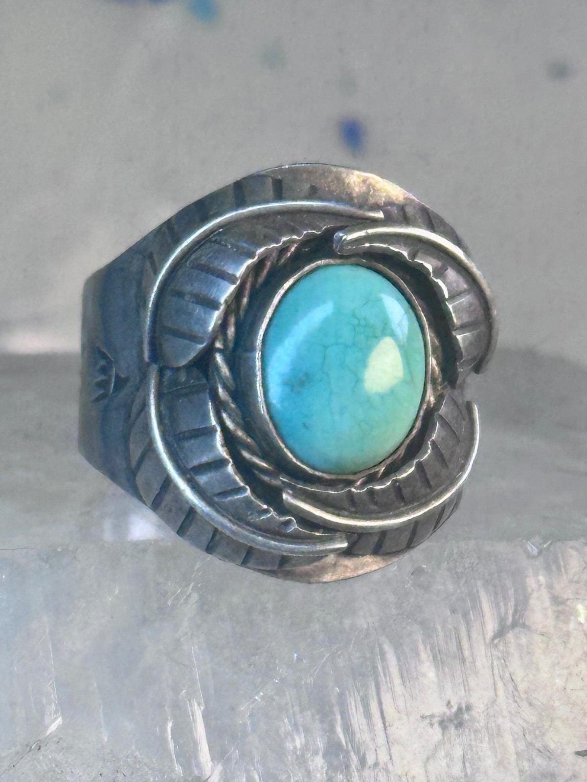 Navajo Ring Turquoise wide band leaves size 10.7 southwest sterling silver women