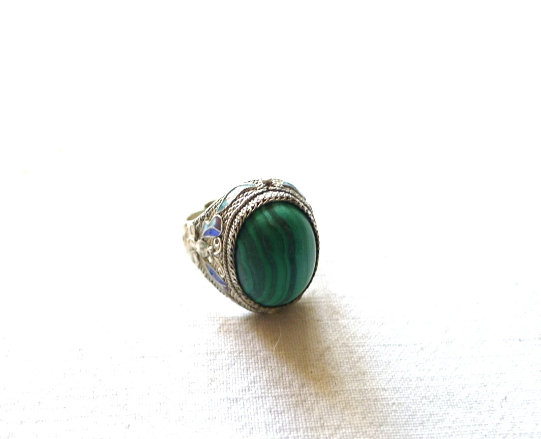 CHINESE FILIGREE SILVER ENAMELS MALACHITE CHINA DEFECT RING VINTAGE CHINA