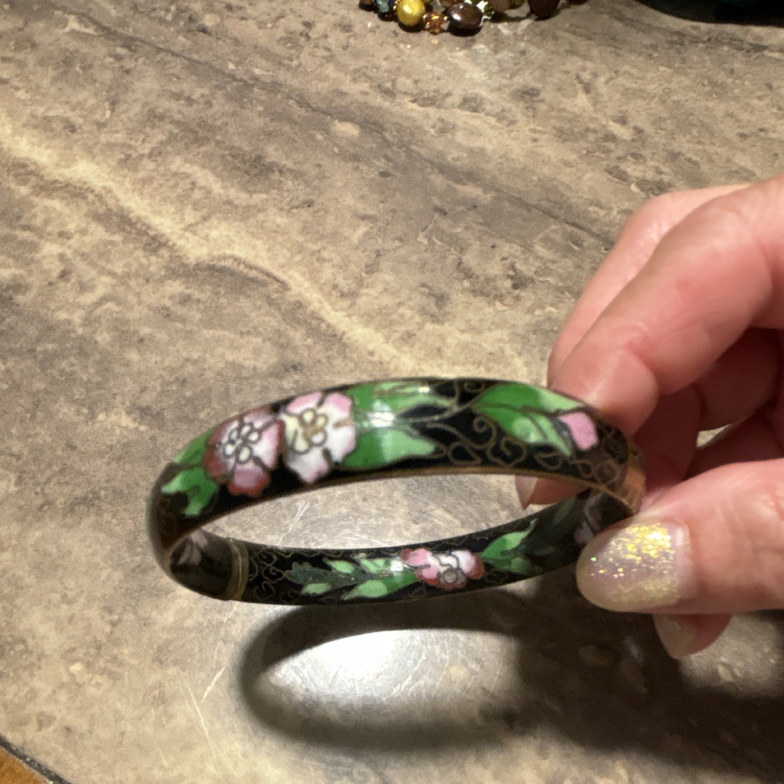 Black Floral Bangle Bracelet Round Design Green Pink White Flowers Plants