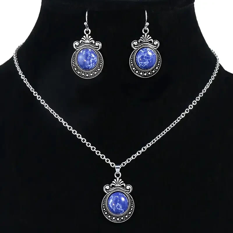 3pcs Earrings Plus Necklace Boho Style Jewelry Set Inlaid Natural Stone Delicate