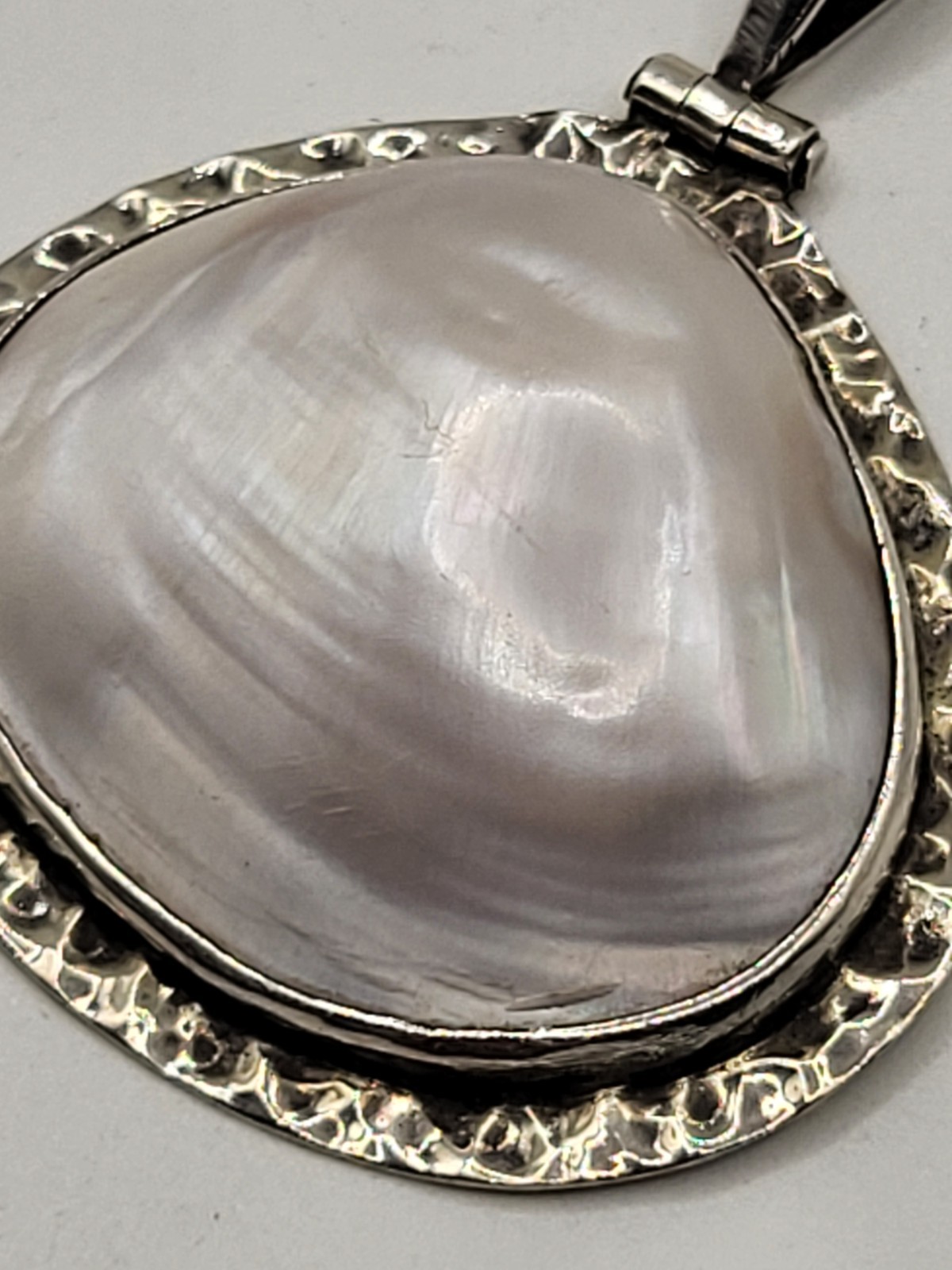 Large Hammered Sterling Frame MOP Irredescent Shell Pendant Closed Back Mexico