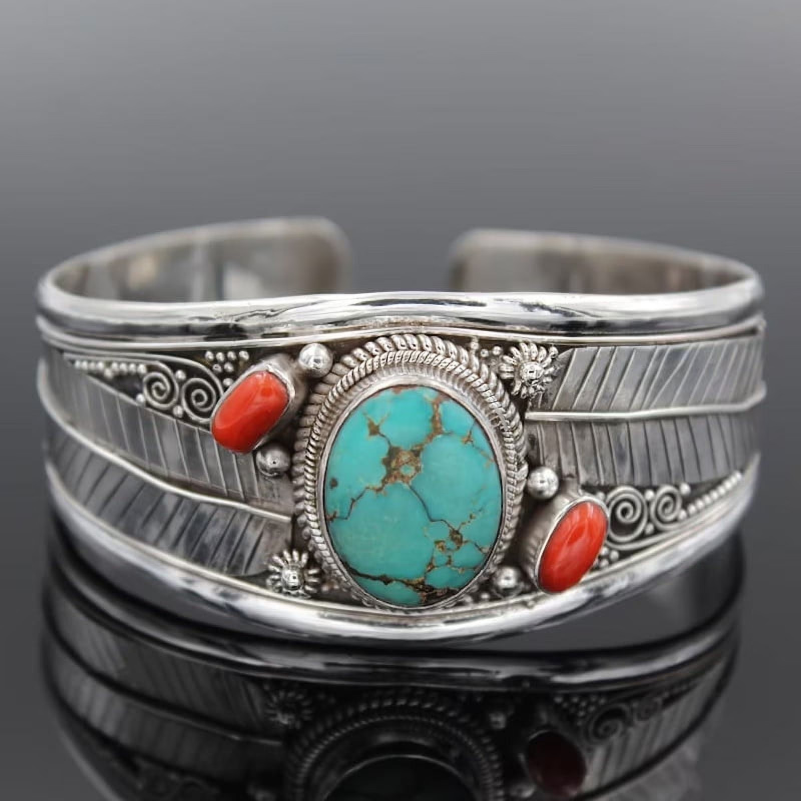 Vintage Turquoise Crystal Bracelet Silver Color Leaf Open Cuff Woman Jewelry