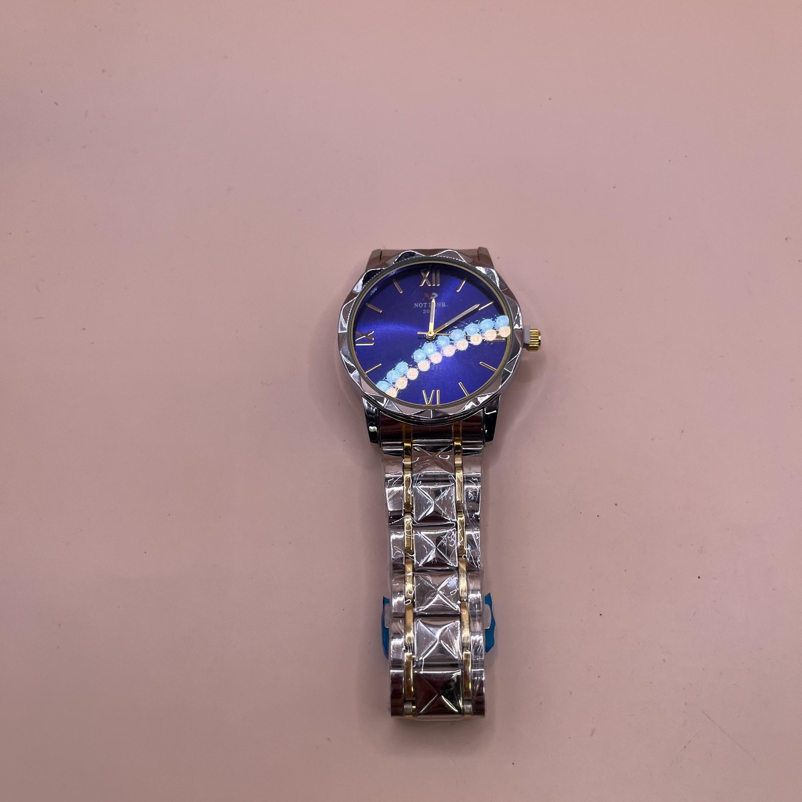 NOTTOWR Quartz Watch Mens Blue Dial Two Tone Date Roman Numeral Analog Bracelet