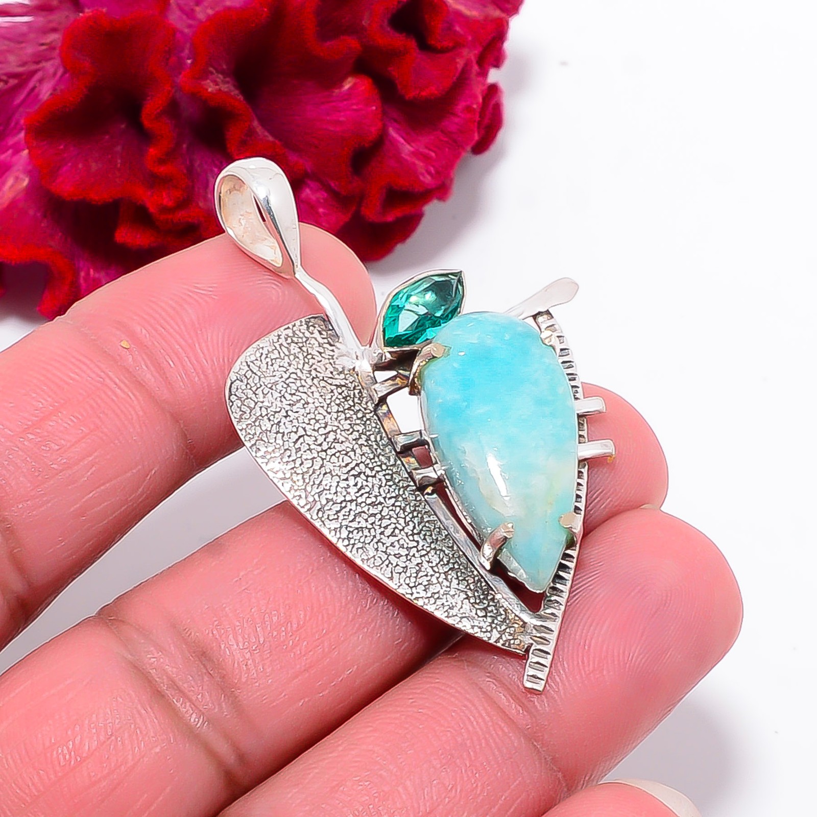 Amazonite – Peru & Teal Tourmaline Gemstone 925 Sterling Silver Pendant 2.03″ P1